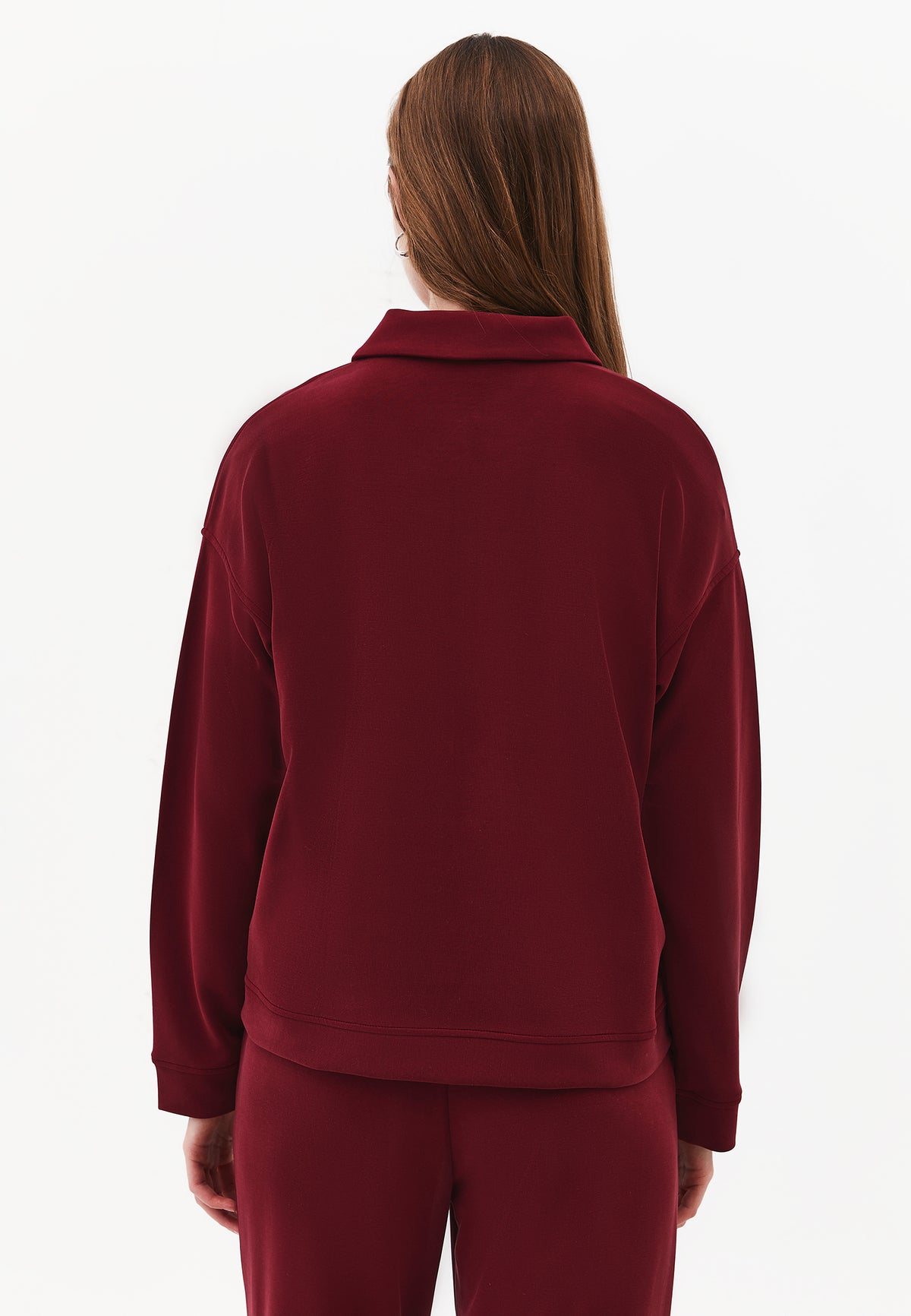 Zip Detail Polo Collar Sweatshirt - CABERNET