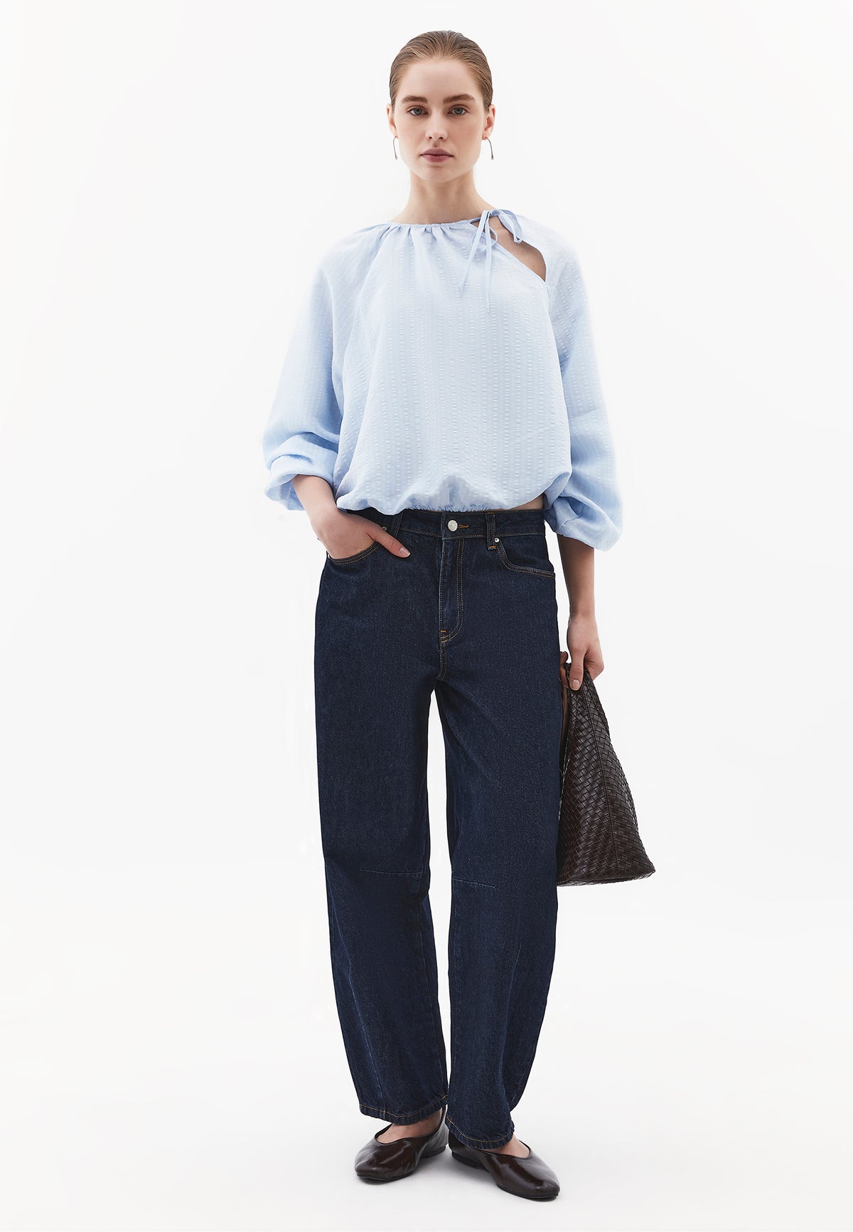Balloon Shape High Neck Long Sleeve Blouse - Blue