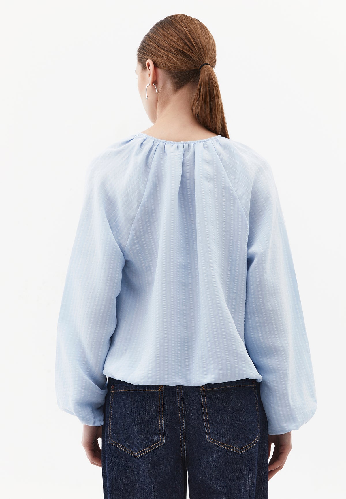 Balloon Shape High Neck Long Sleeve Blouse - Blue