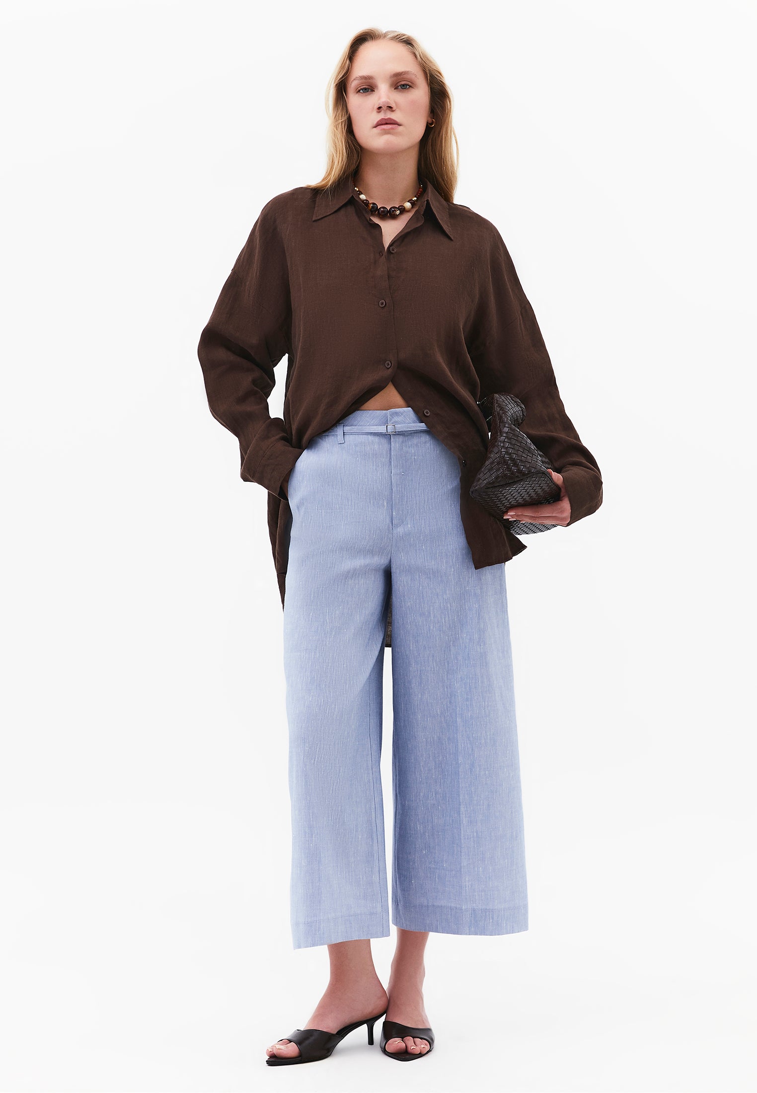 High Waist Wide Leg Belted Pants - CHAMBRAY BLUE