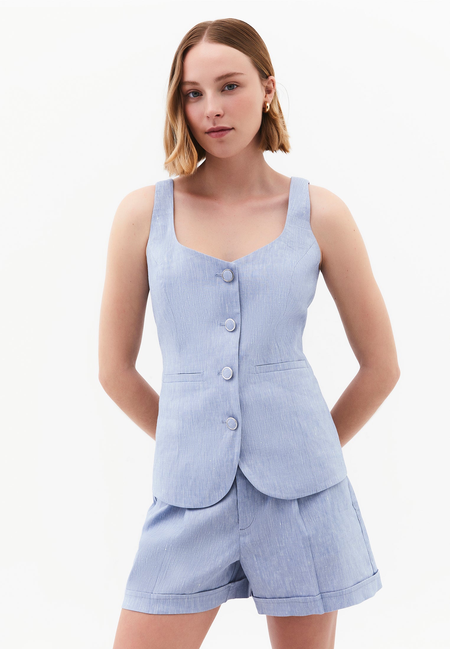 Vest With Button Detail And Sweetheart Neckline - CHAMBRAY BLUE