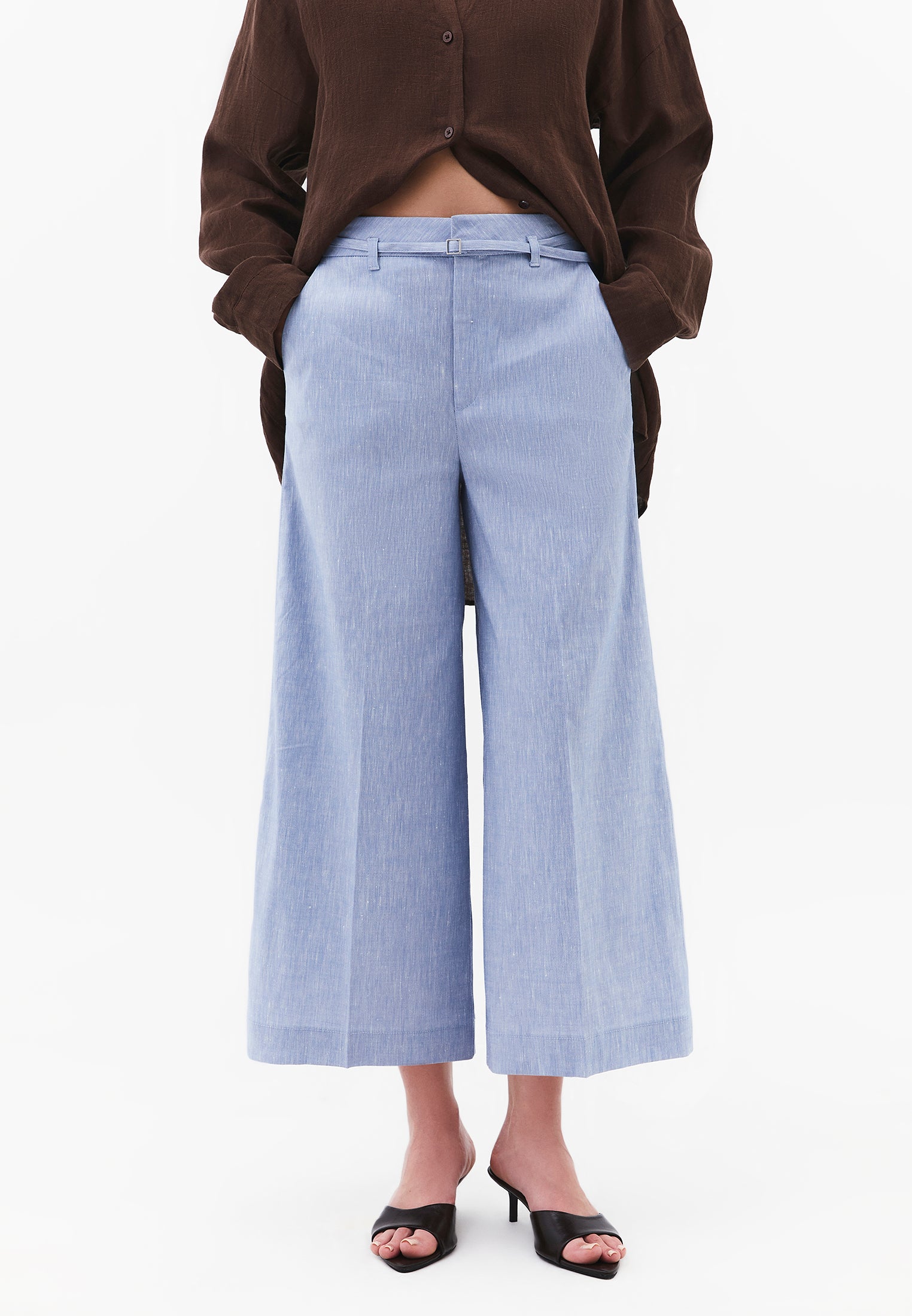 High Waist Wide Leg Belted Pants - CHAMBRAY BLUE