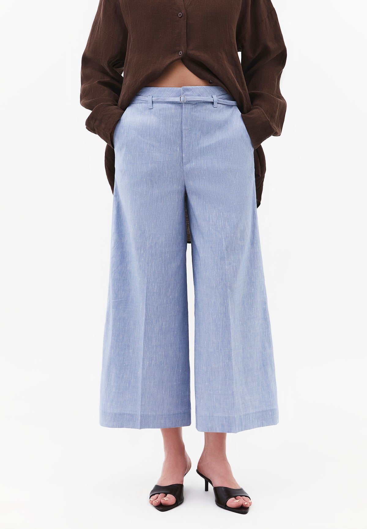 High Waist Wide Leg Belted Pants - Blue