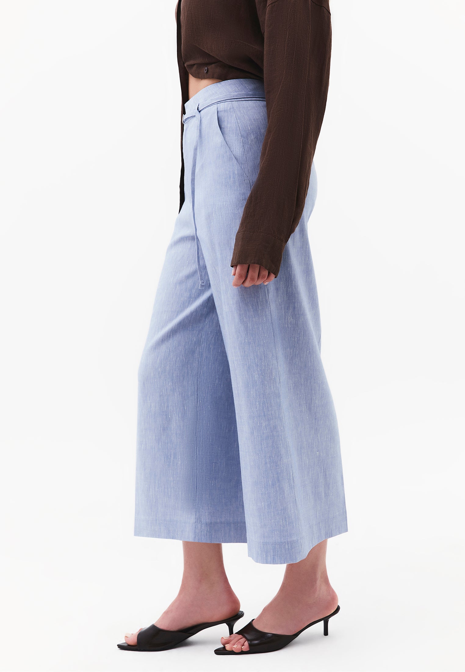 High Waist Wide Leg Belted Pants - CHAMBRAY BLUE