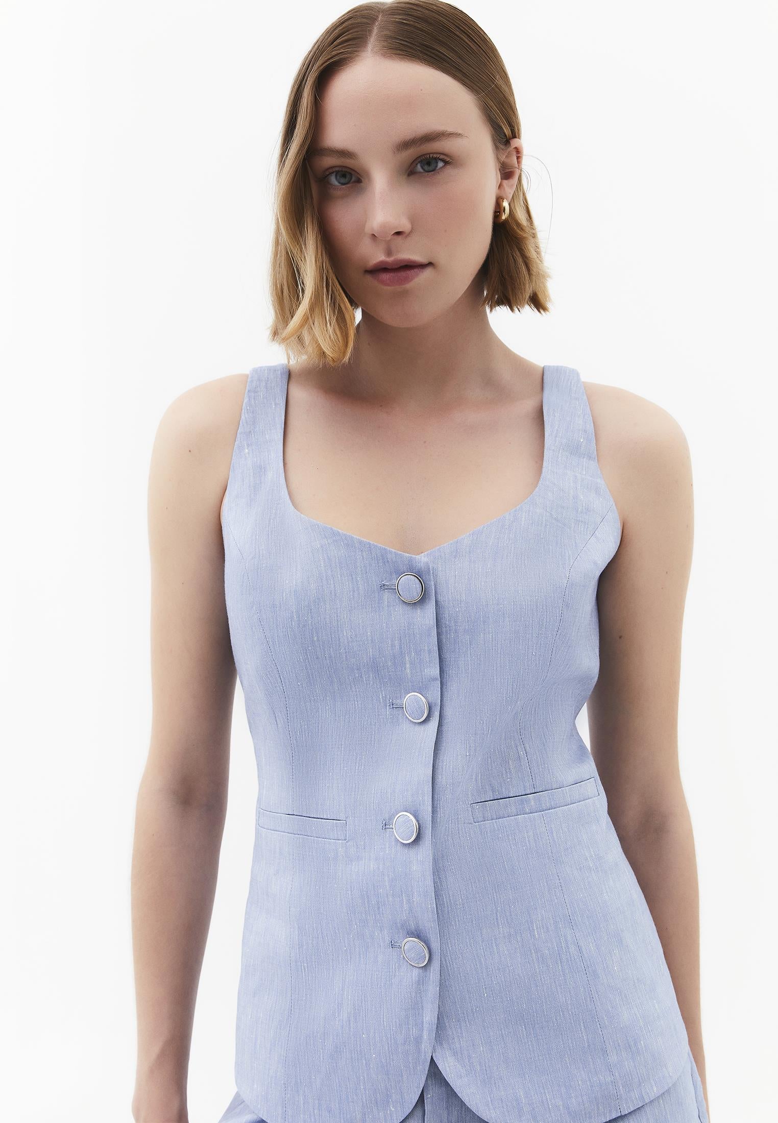 Vest With Button Detail And Sweetheart Neckline - CHAMBRAY BLUE