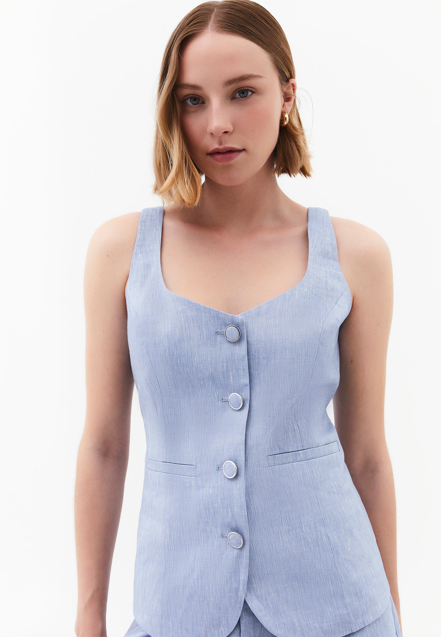 Vest With Button Detail And Sweetheart Neckline - CHAMBRAY BLUE