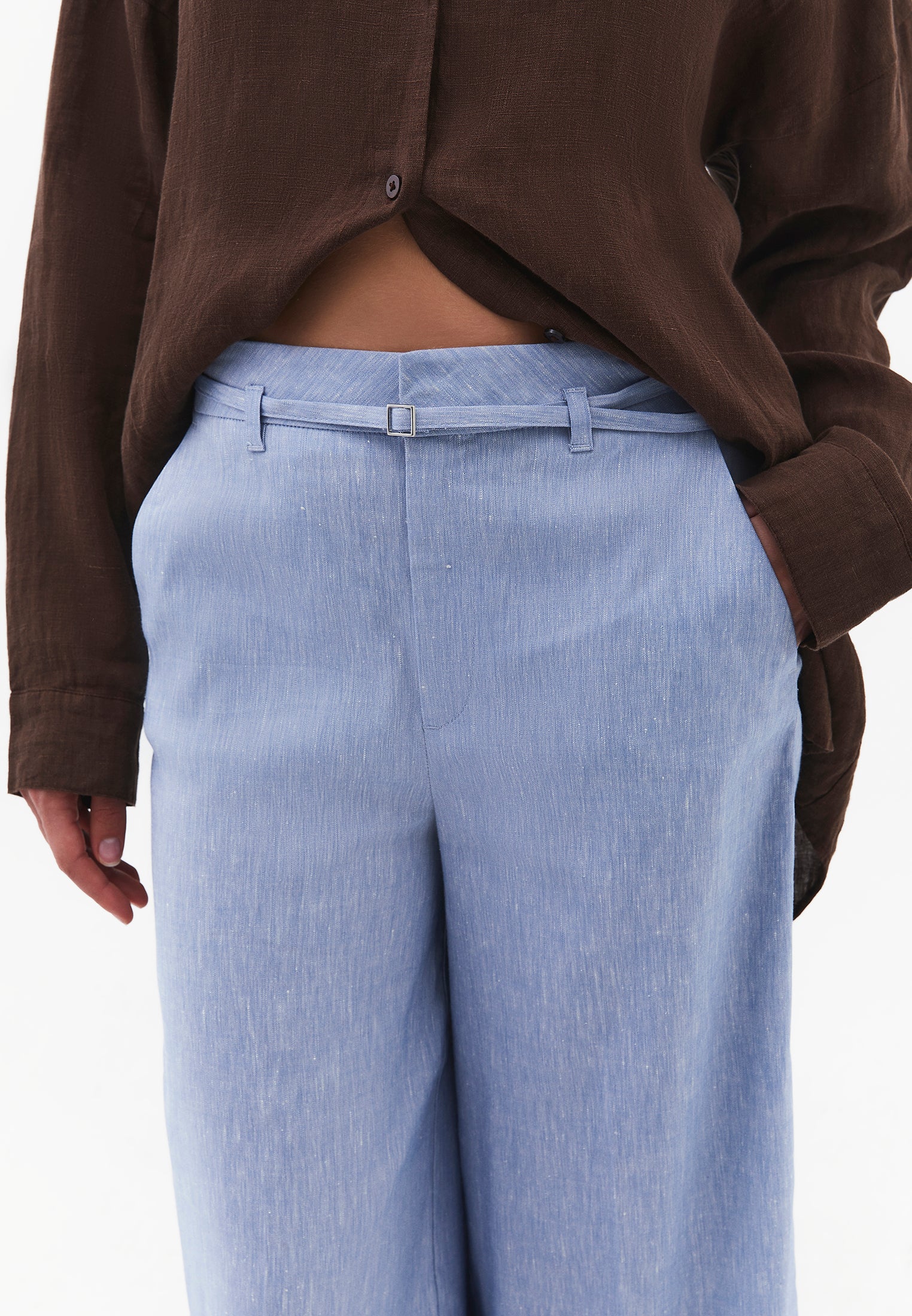 High Waist Wide Leg Belted Pants - CHAMBRAY BLUE