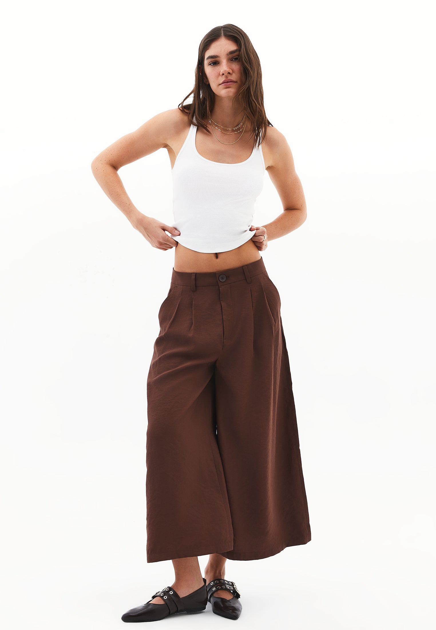 High Waist Wide Leg Pants - CHICORY COFFEE