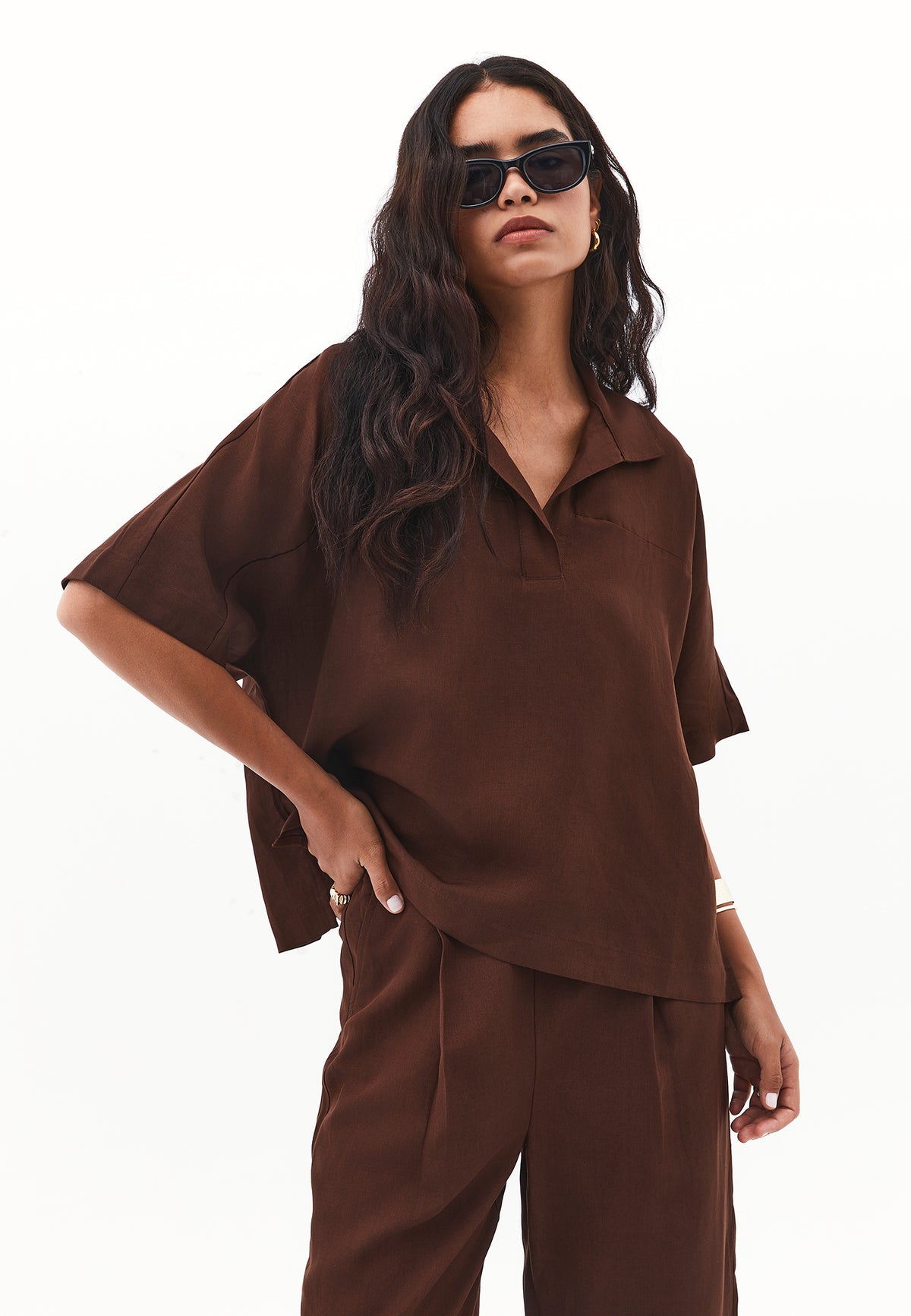 Polo Collar Oversize Blouse - Brown