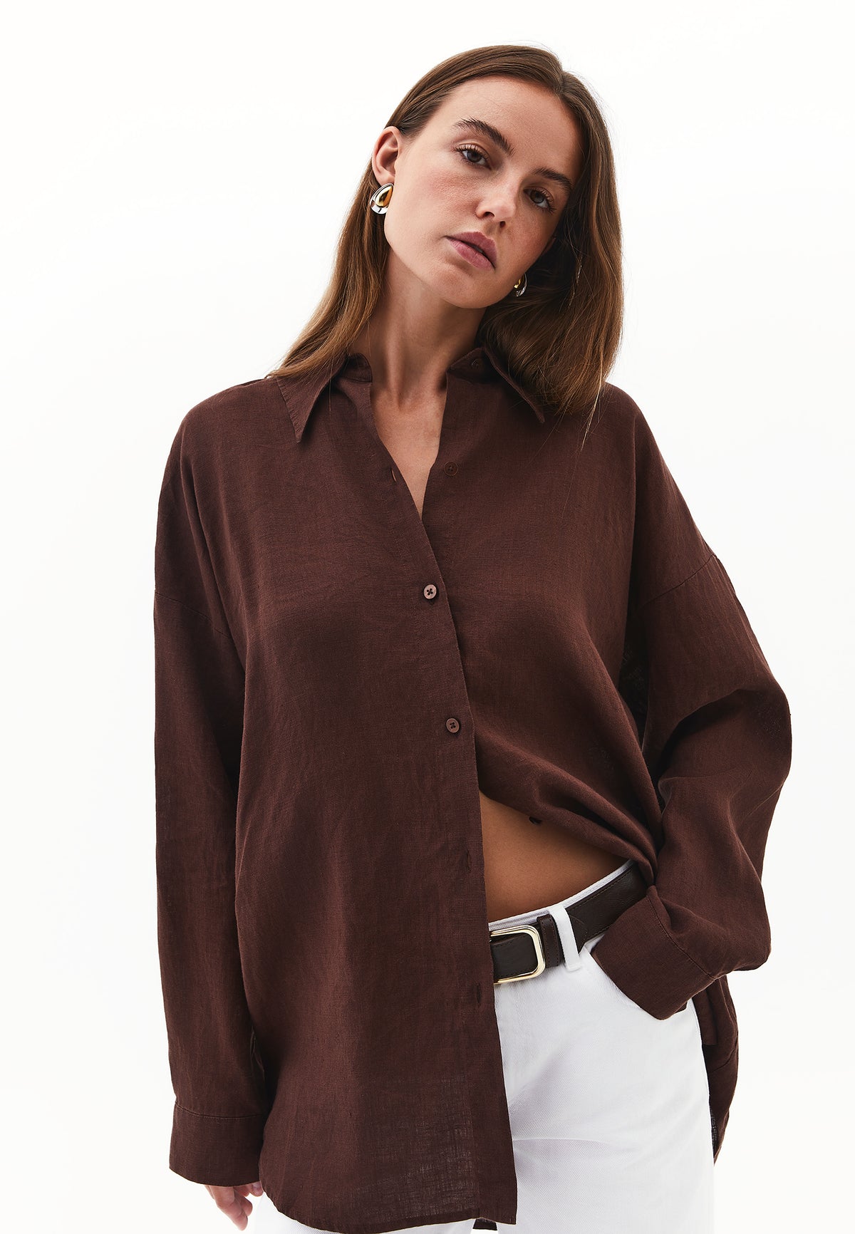 Linen Shirt With Large Fit And Buttons - Brown