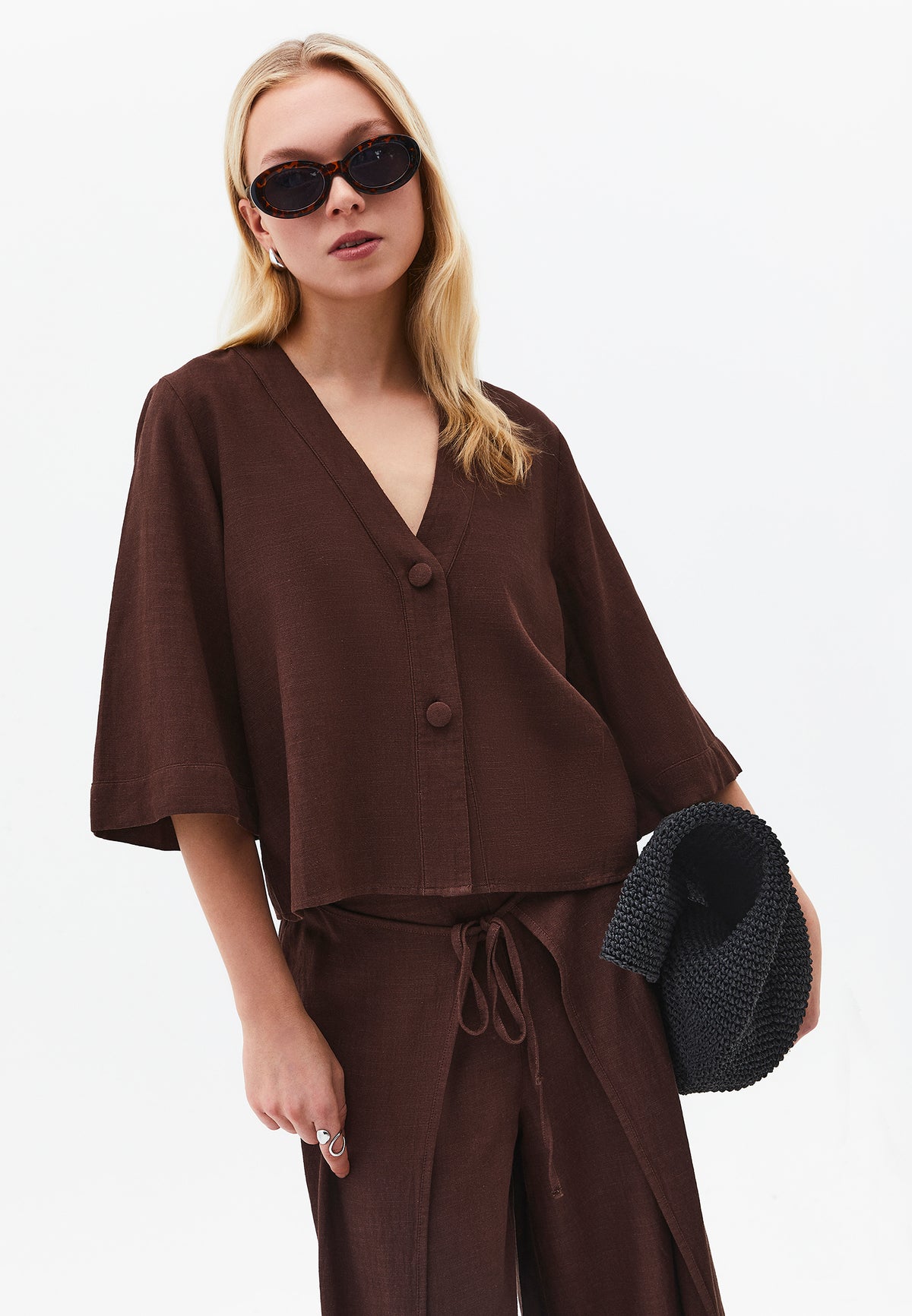 V Neck Button Detailed Blouse - Brown