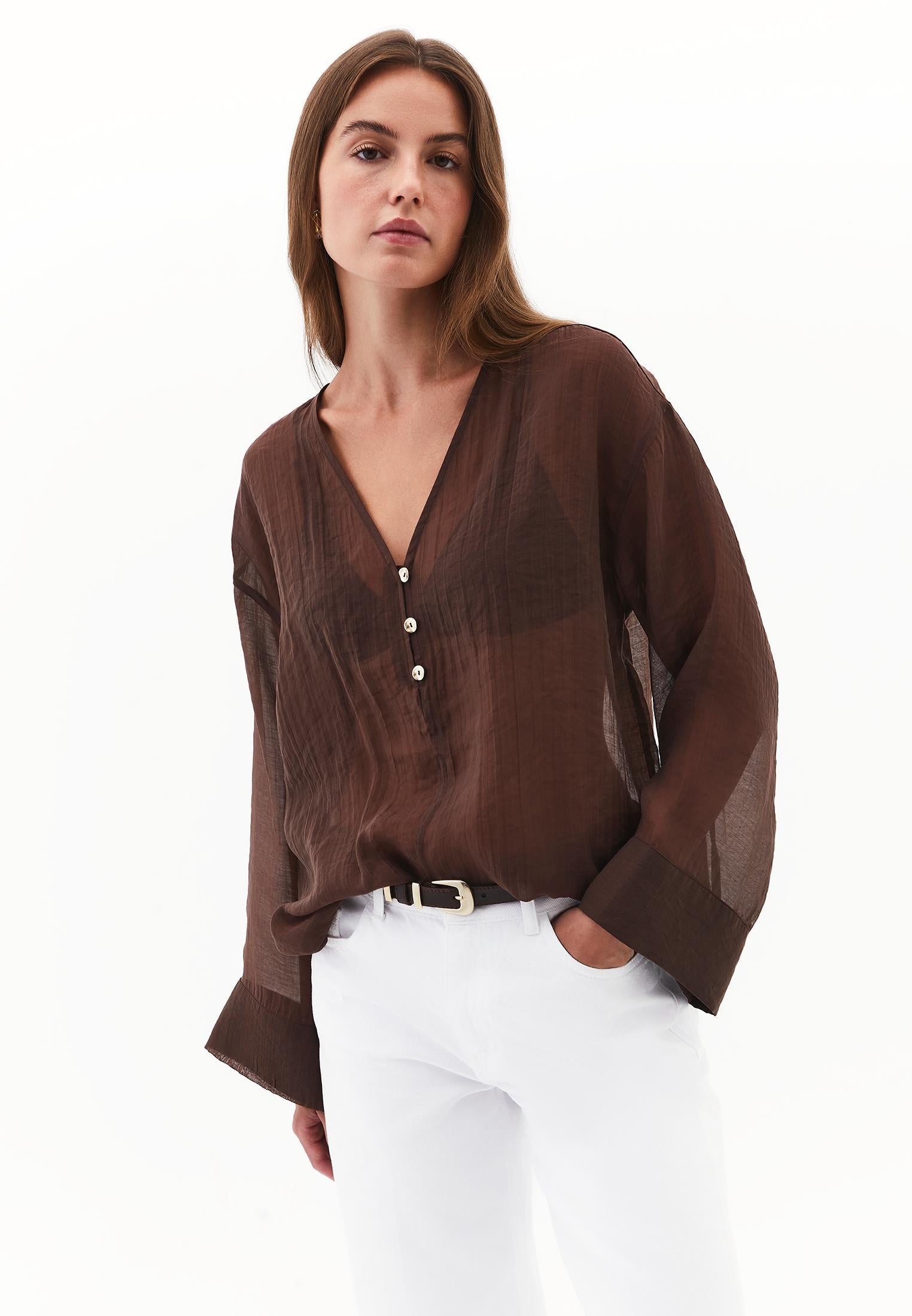 Tunic Blouse With Button Details - CHICORY COFFEE
