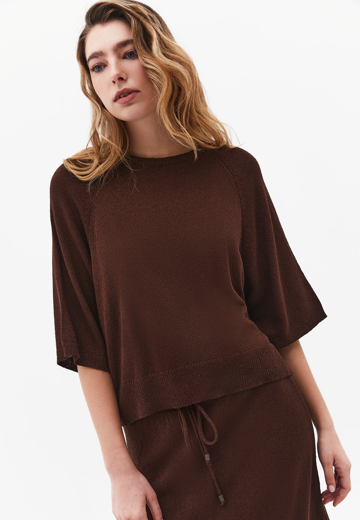 Raglan Sleeve Loose Fit Crew Neck Sweater - Brown