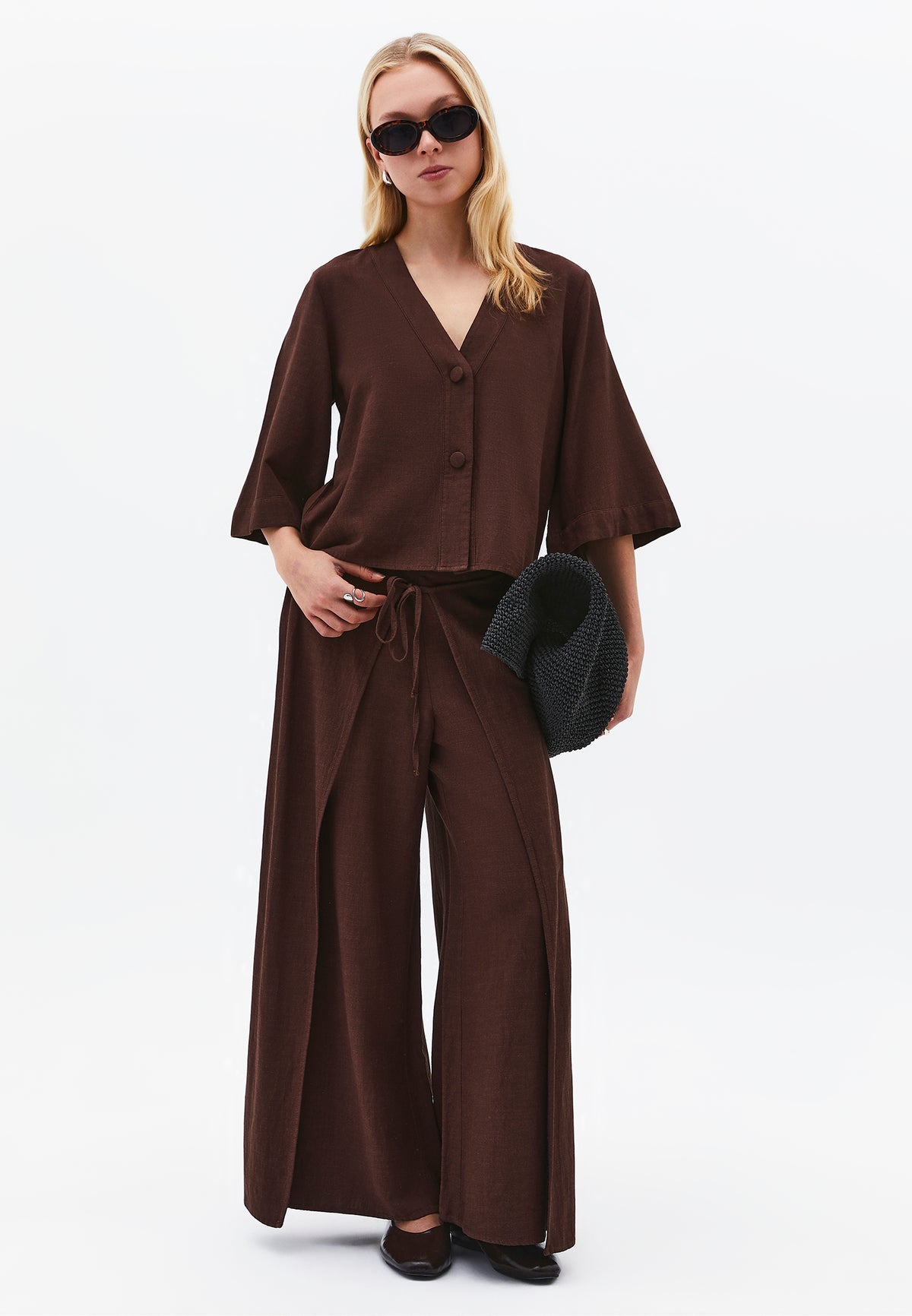 V Neck Button Detailed Blouse - Brown