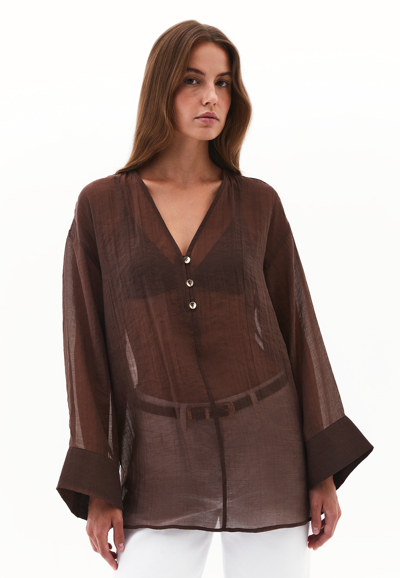 Button detailed tunic blouse - CHICORY COFFEE