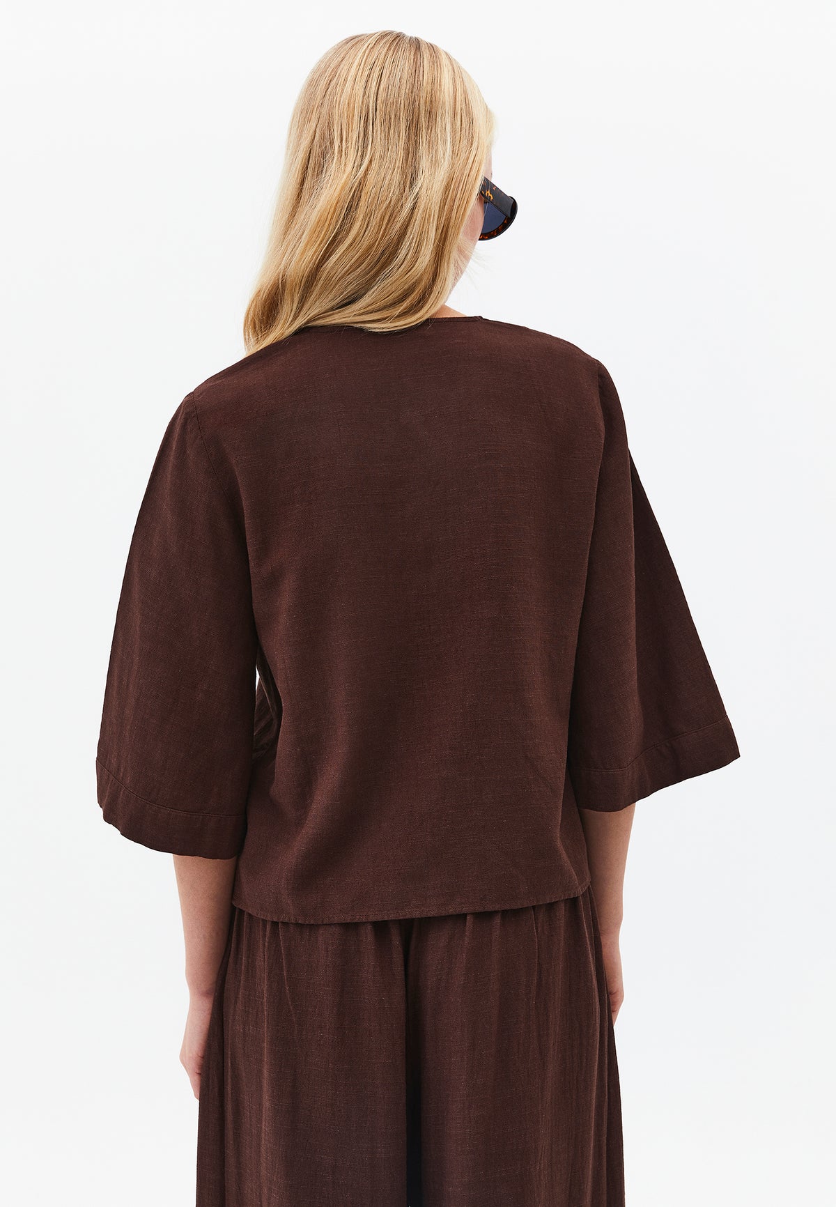 V Neck Button Detailed Blouse - Brown