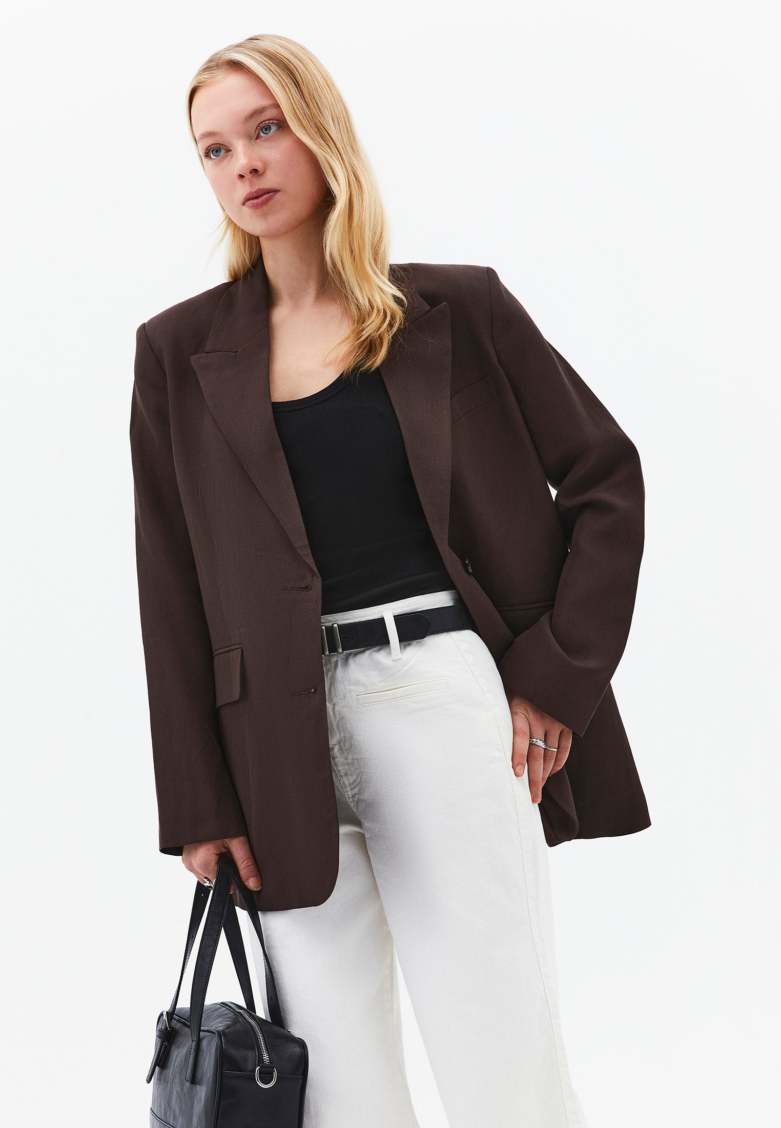Boyfriend Fit Tunic Blazer Jacket - CHOCOLATE BROWN