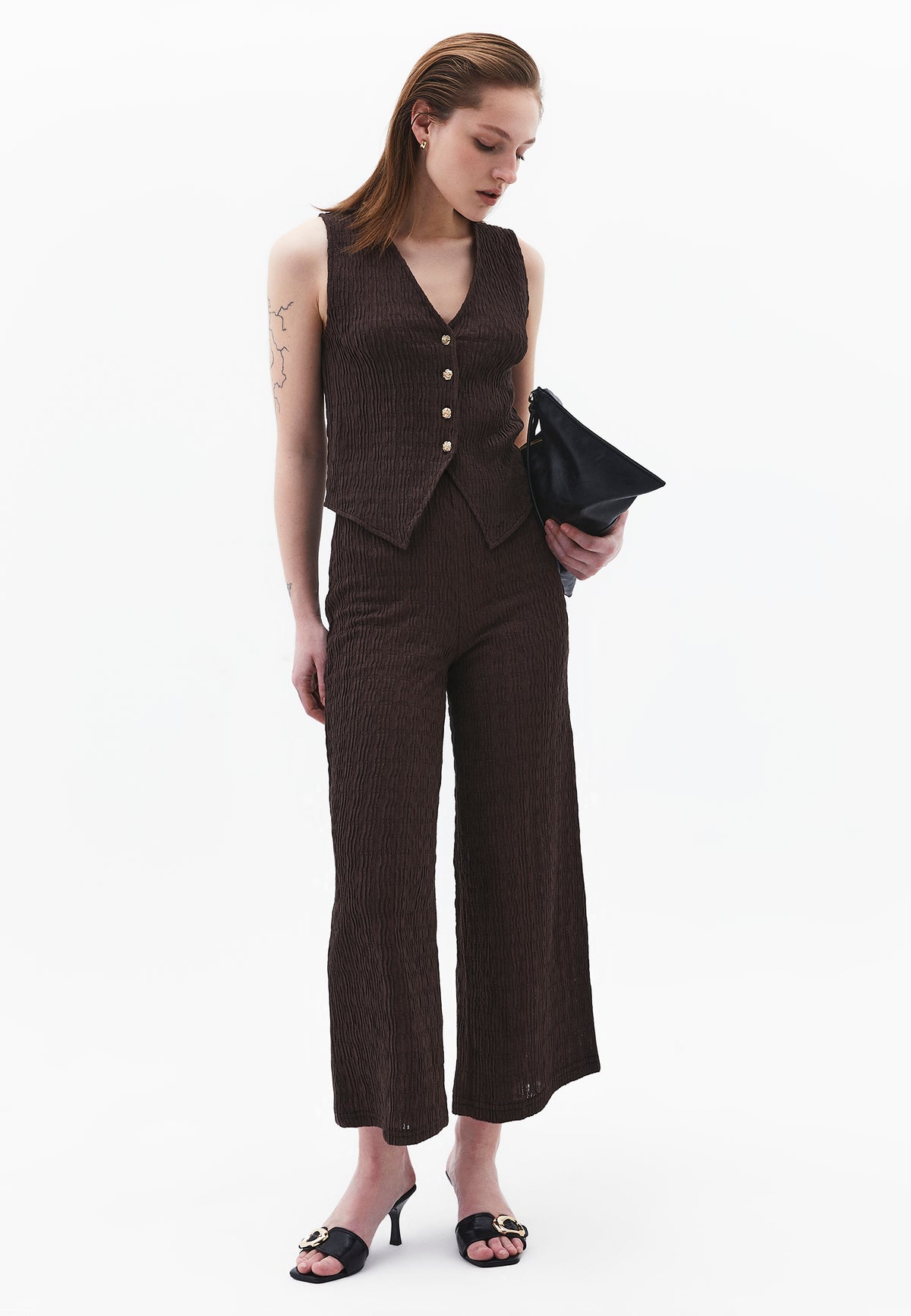 Wide Leg Midi Culotte Pants - Brown