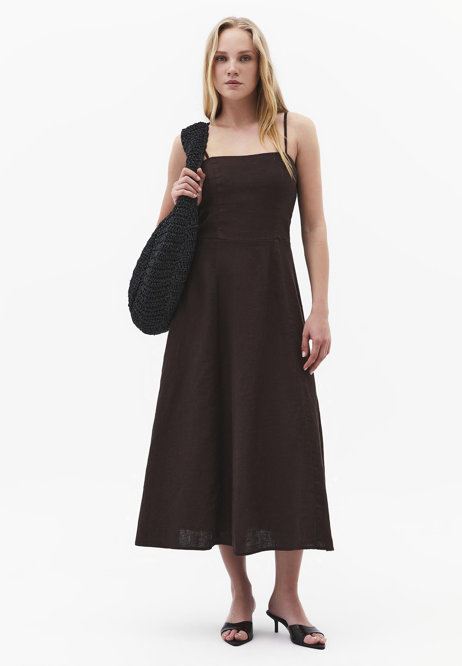 Midi Square Neck Strappy Dress - CHOCOLATE BROWN