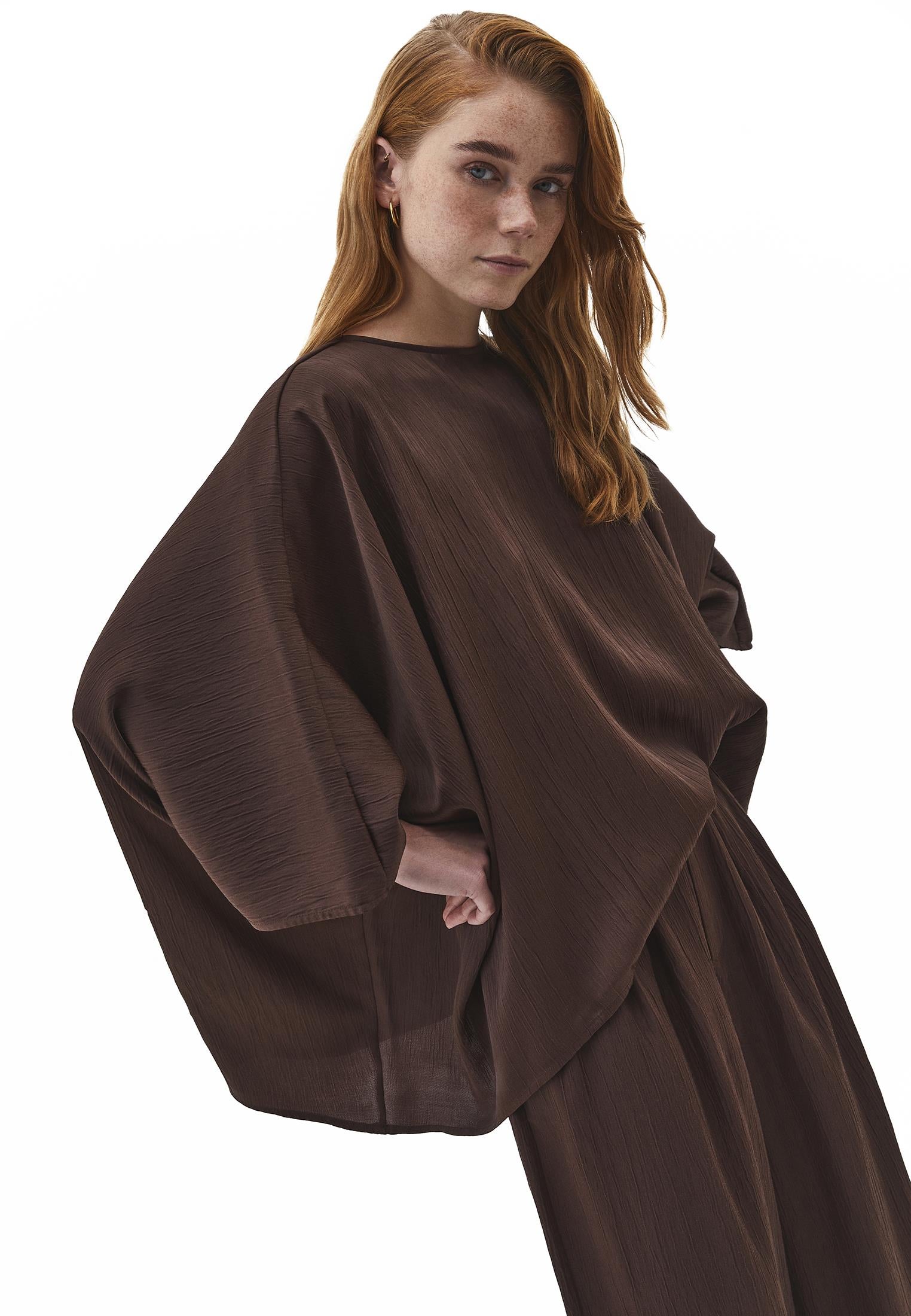 Boat Neck Long Sleeve Batwing And Tied Blouse - CHOCOLATE BROWN