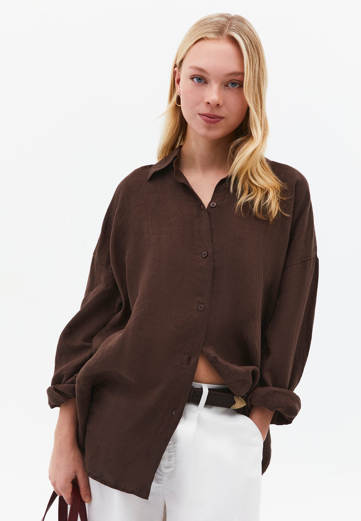 Oversize Shirt Collar Long Shirt - Brown