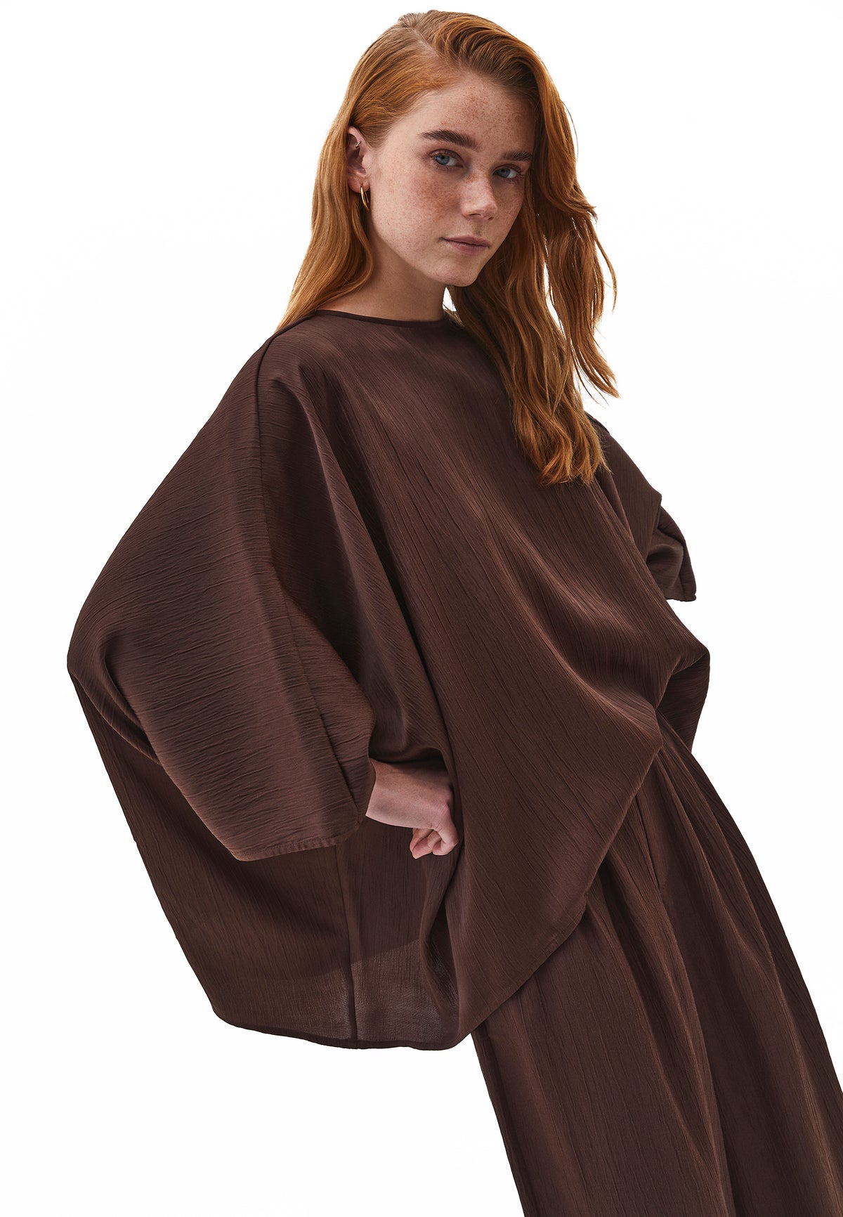 Boat Neck Long Sleeve Batwing And Tied Blouse - Brown