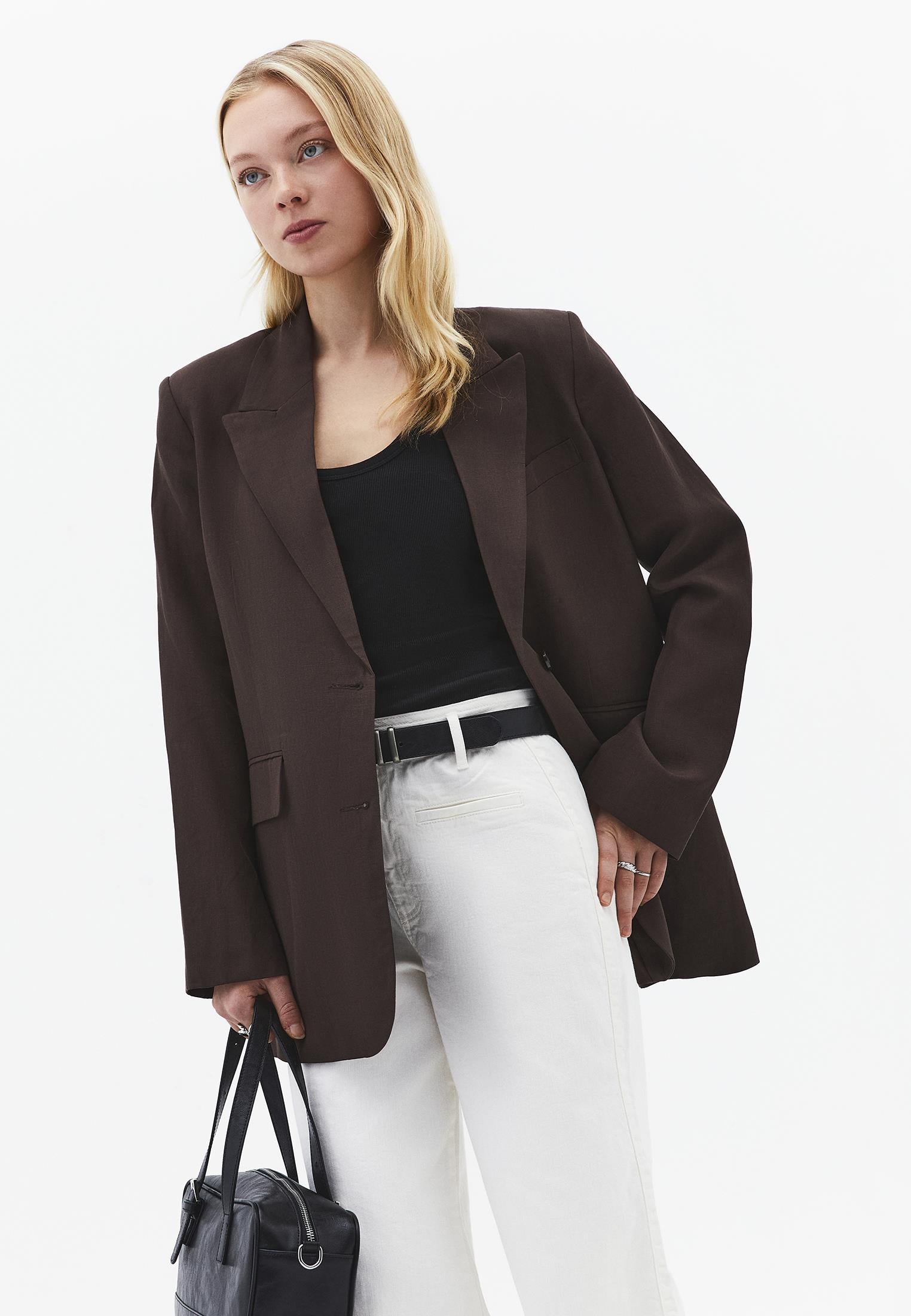 Boyfriend Fit Tunic Blazer Jacket - CHOCOLATE BROWN