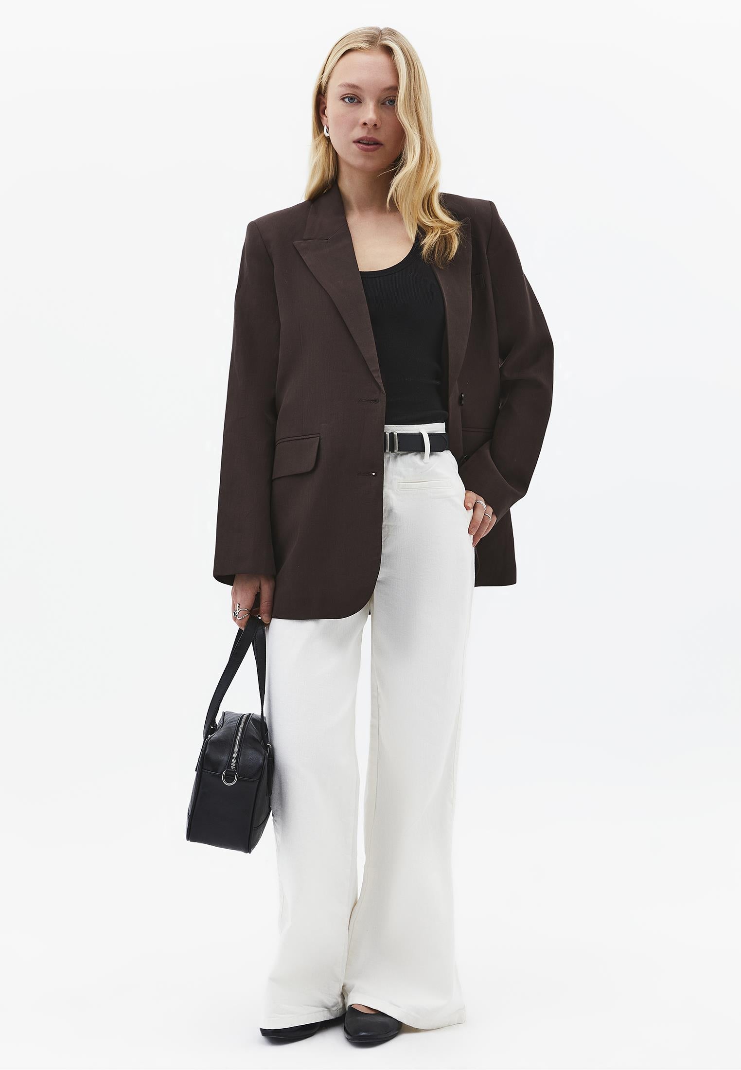 Boyfriend Fit Tunic Blazer Jacket - CHOCOLATE BROWN