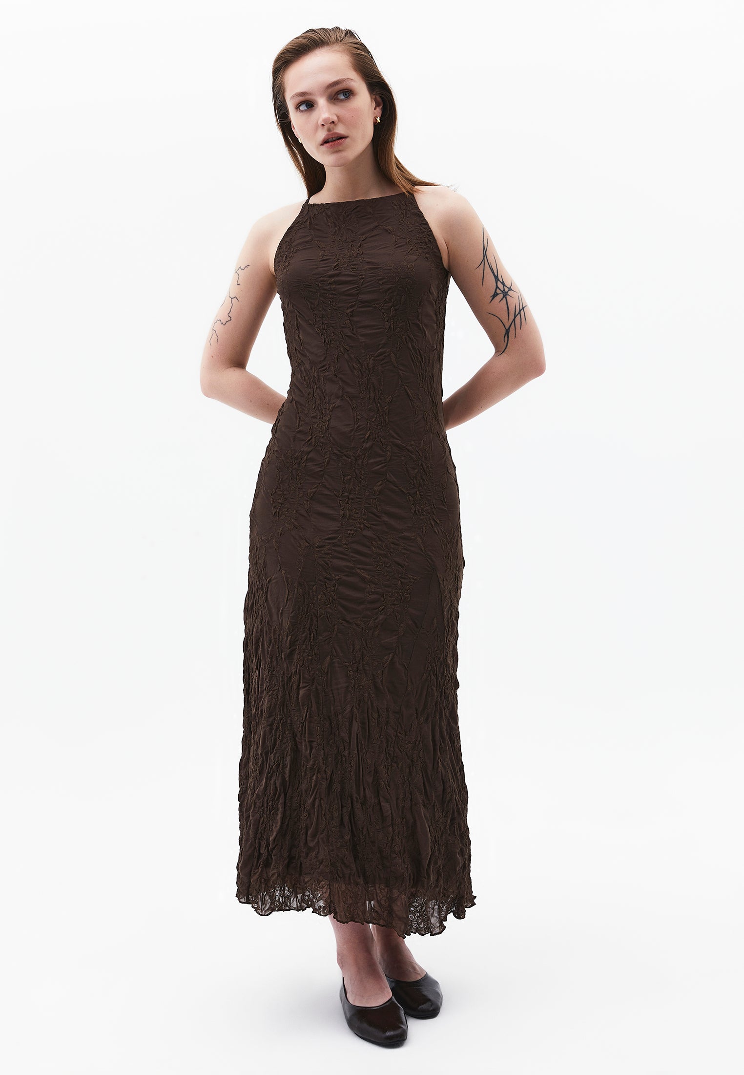Sleeveless Long Dress With Crew Neck - CHOCOLATE BROWN