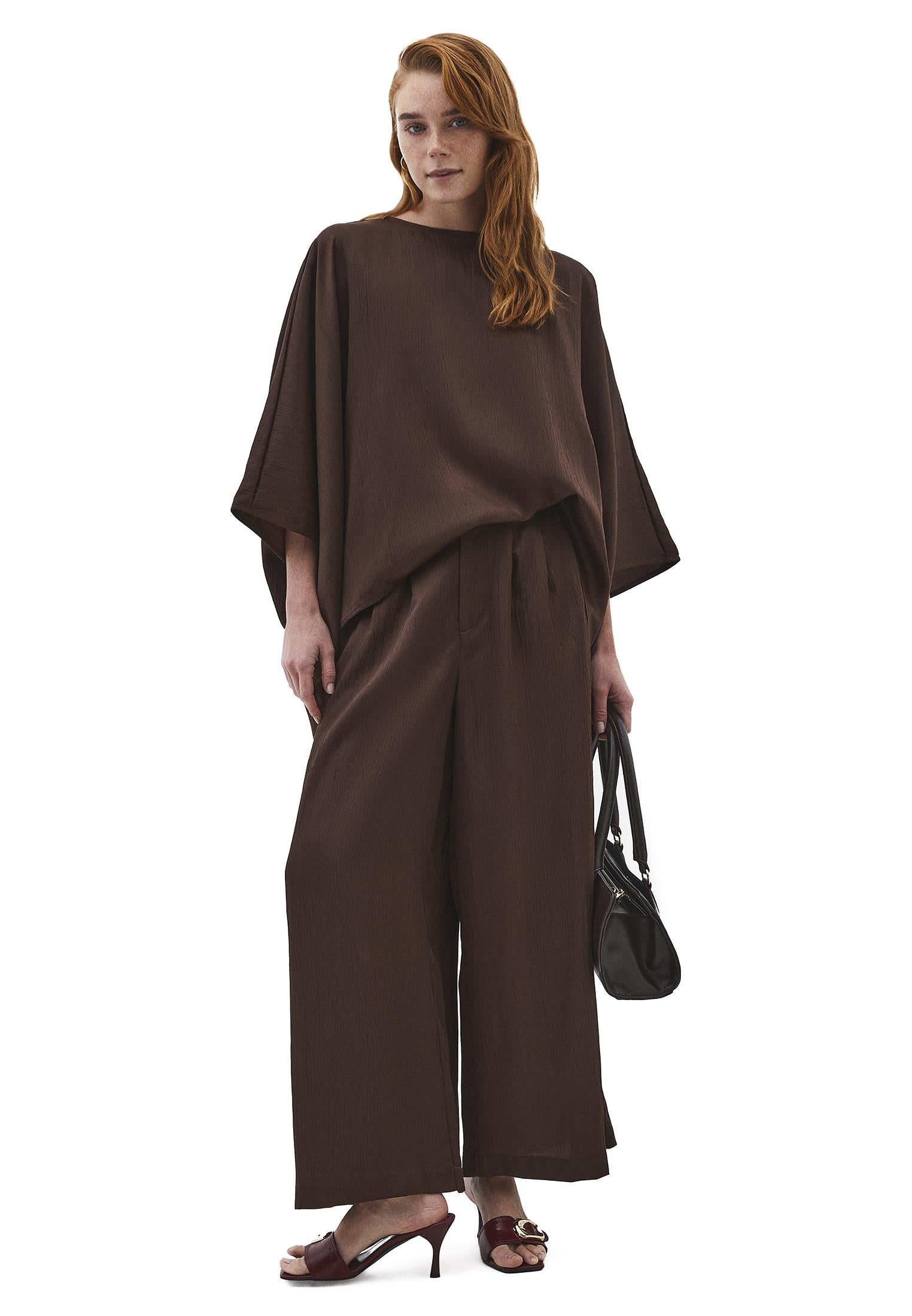 Boat Neck Long Sleeve Batwing And Tied Blouse - CHOCOLATE BROWN