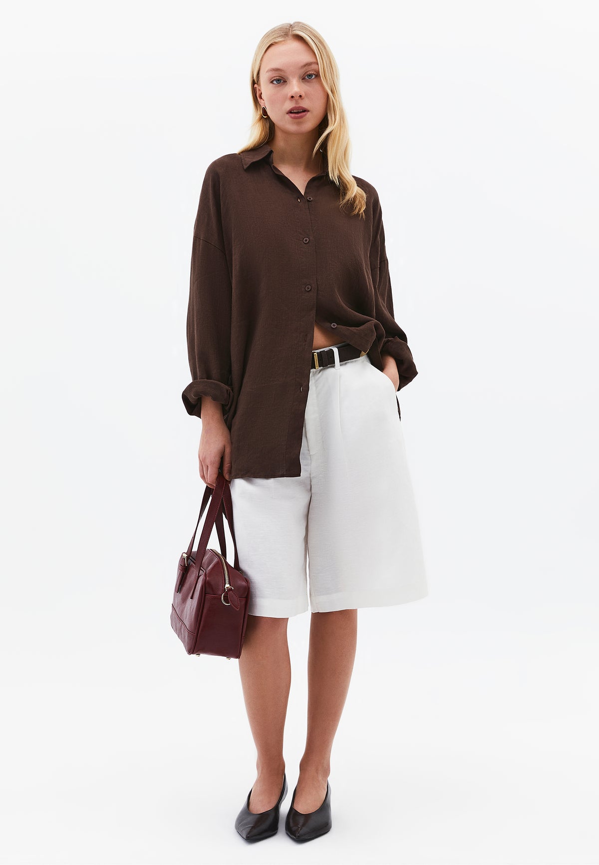 Oversize Shirt Collar Long Shirt - Brown