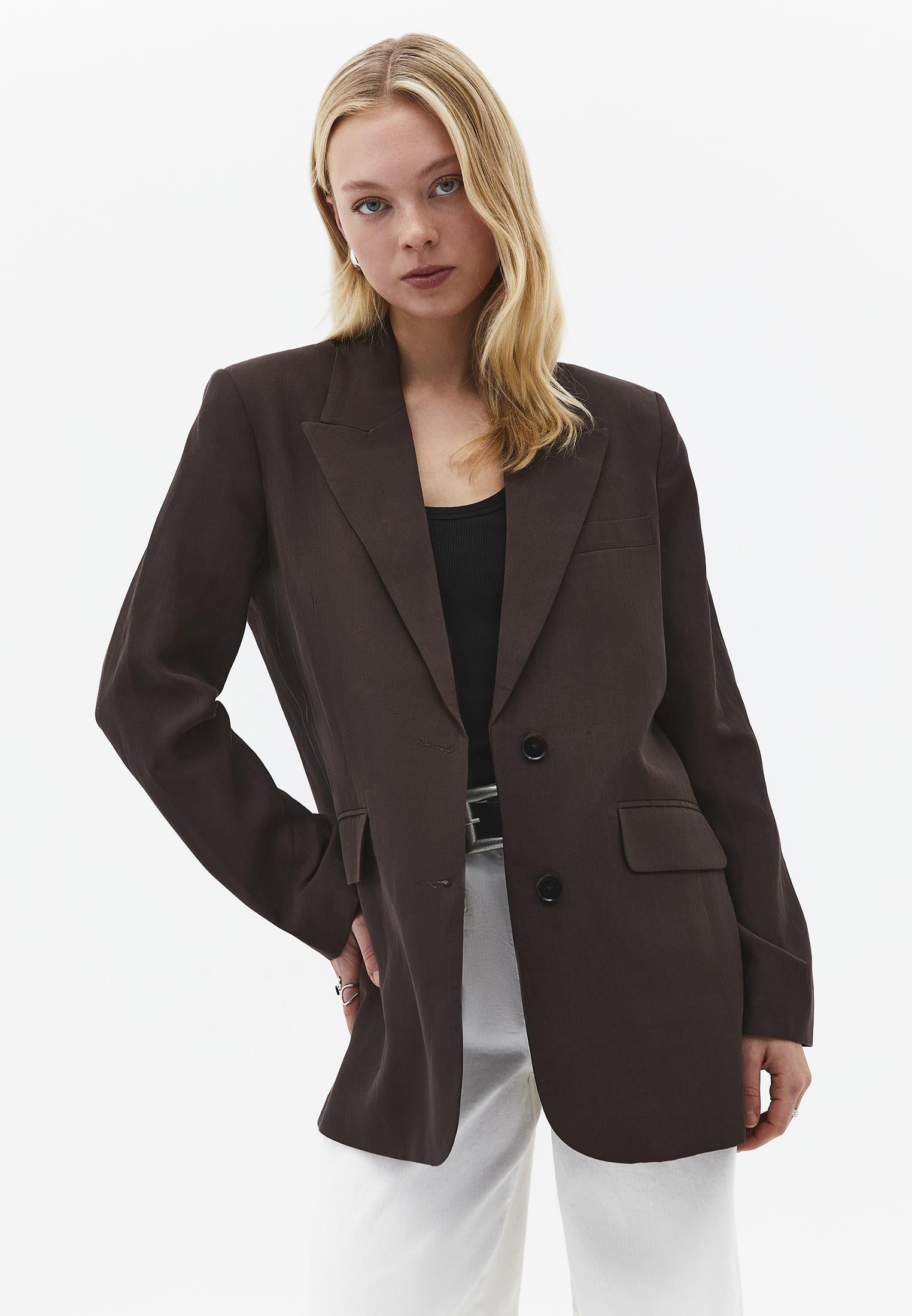 Boyfriend Fit Tunic Blazer Jacket - CHOCOLATE BROWN