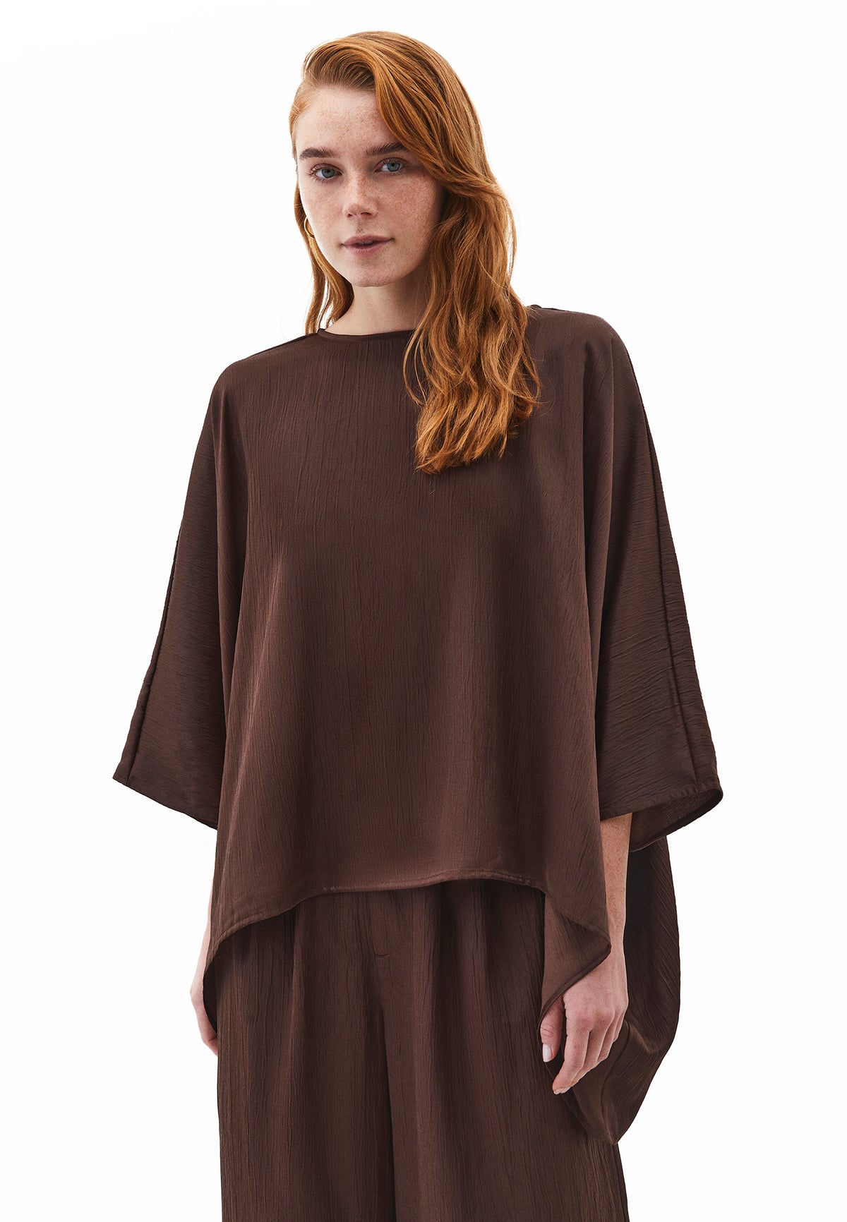 Boat Neck Long Sleeve Batwing And Tied Blouse - Brown