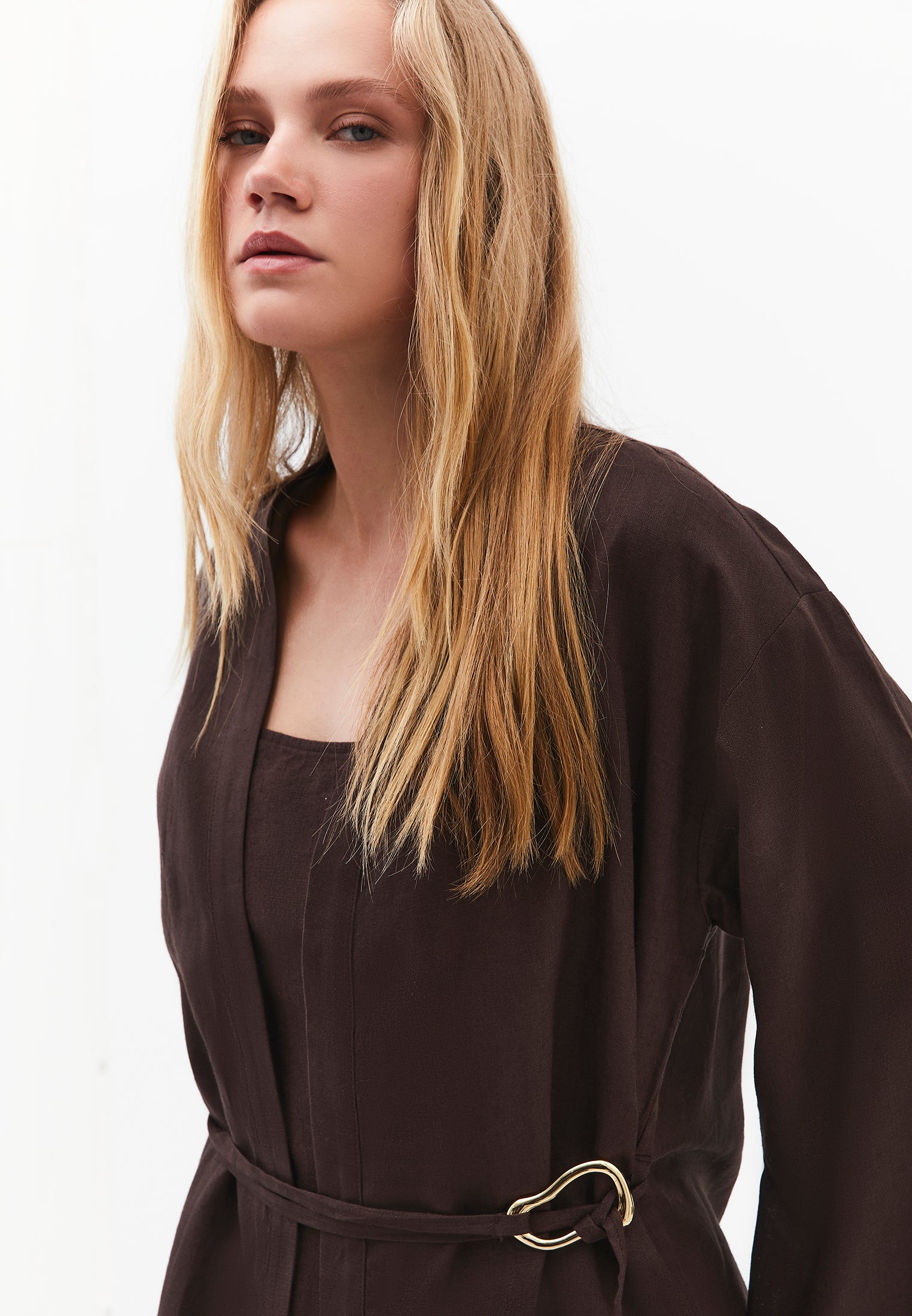Oversize Jacket With Buckle Detail And Tie - CHOCOLATE BROWN