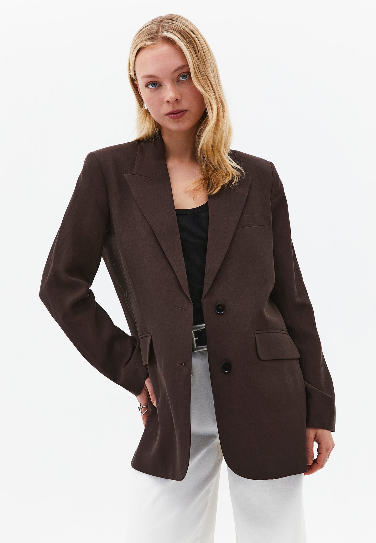 Boyfriend Fit Tunic Blazer Jacket - Brown