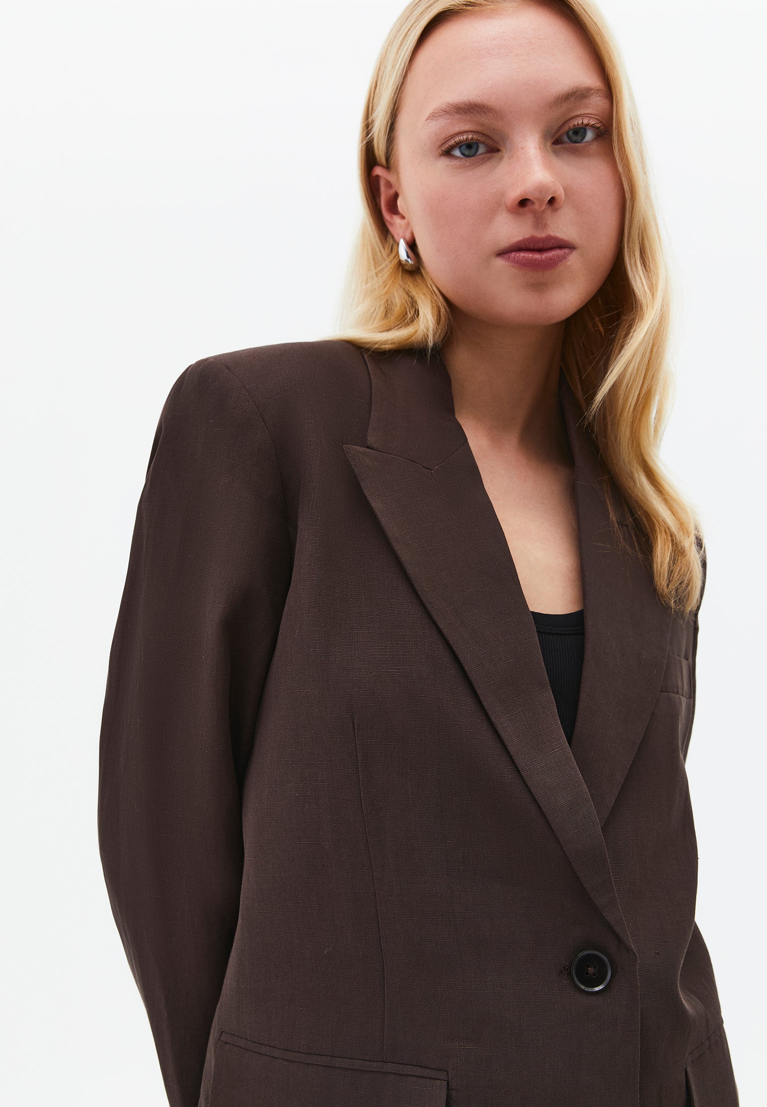 Boyfriend Fit Tunic Blazer Jacket - CHOCOLATE BROWN