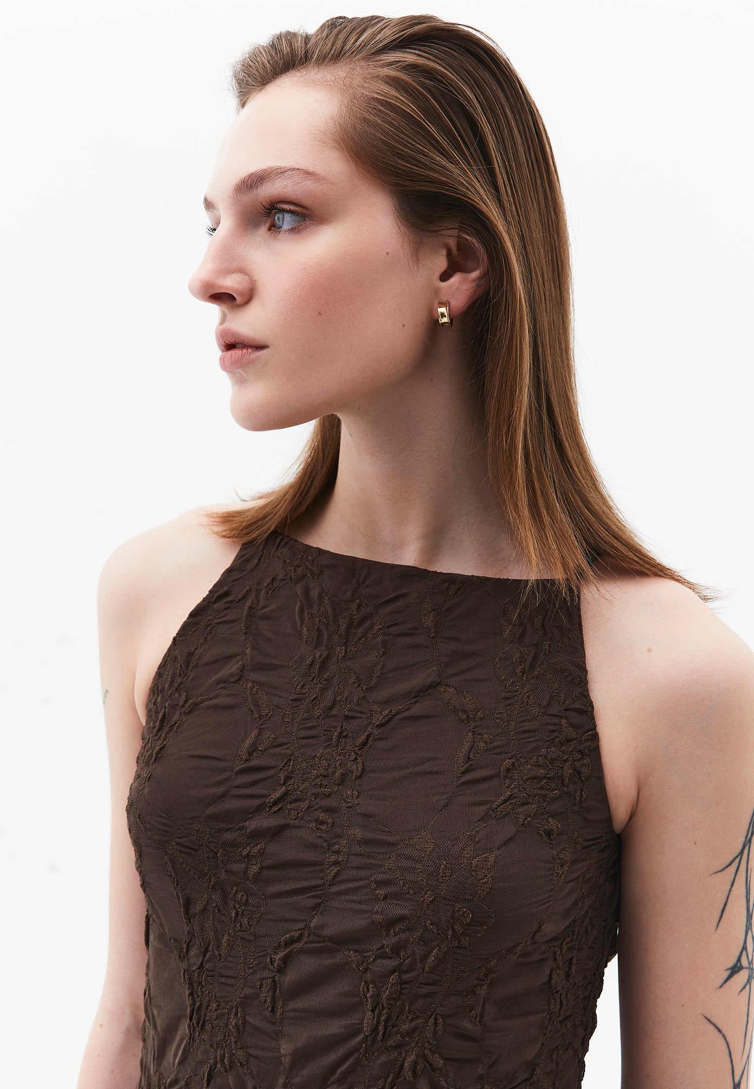 Sleeveless Long Dress With Crew Neck - CHOCOLATE BROWN