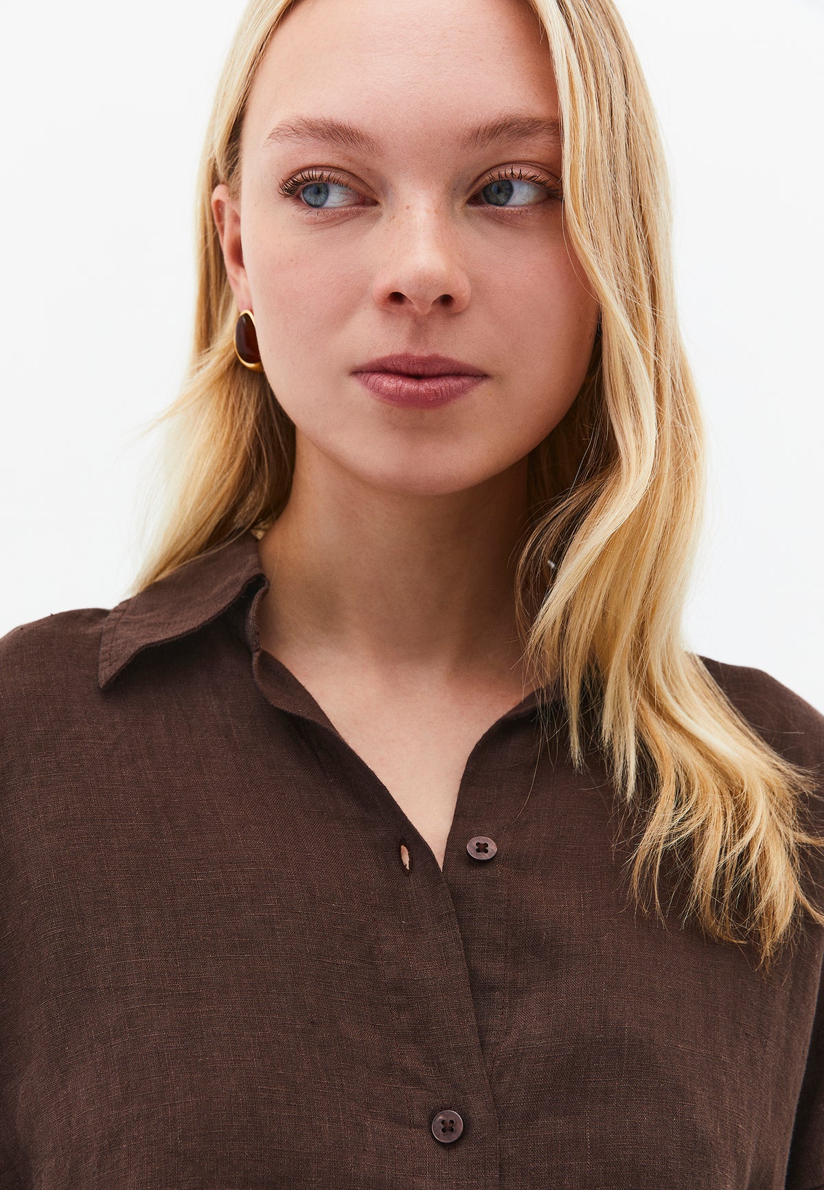 Oversize Shirt Collar Long Shirt - Brown