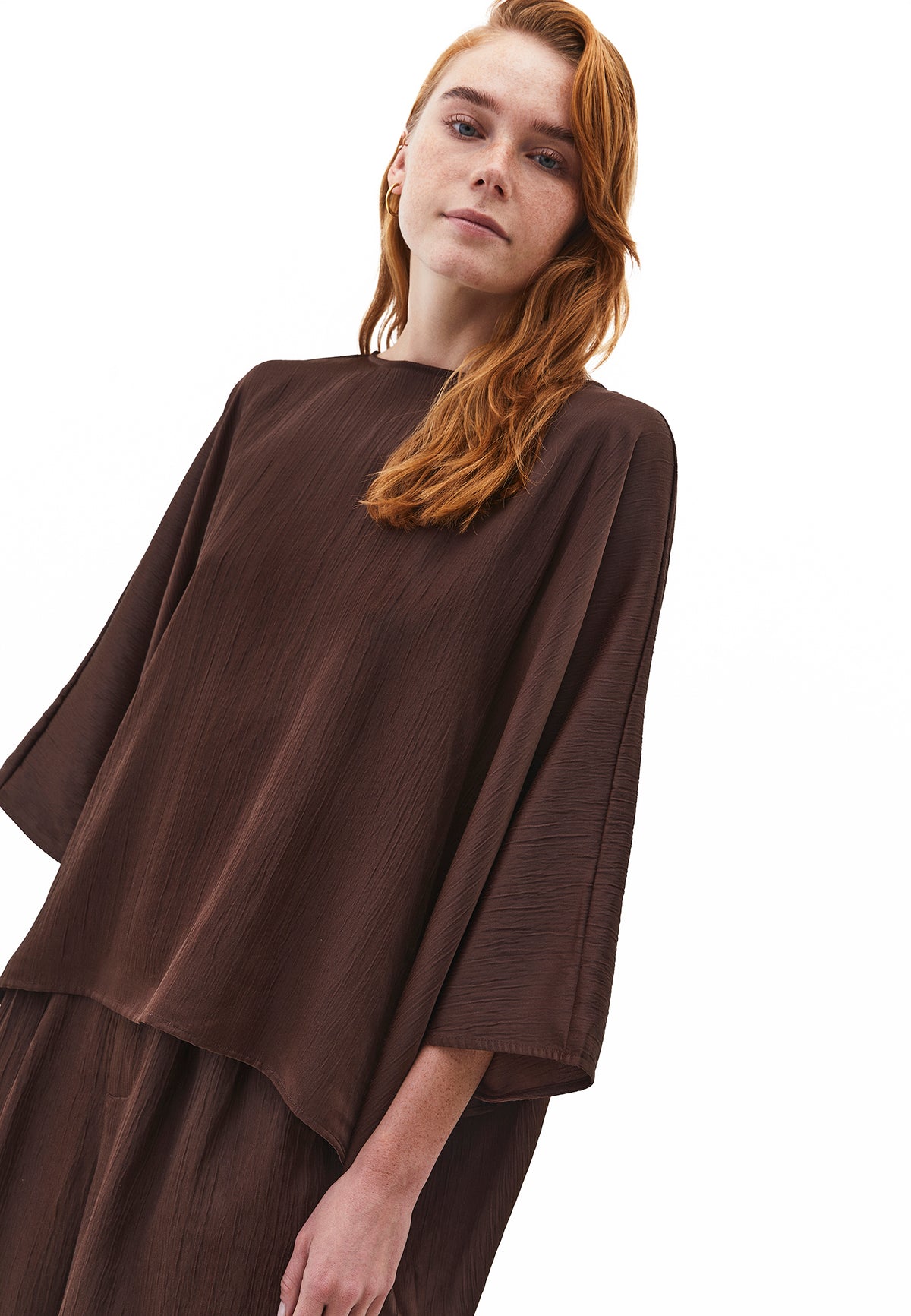 Boat Neck Long Sleeve Batwing And Tied Blouse - Brown