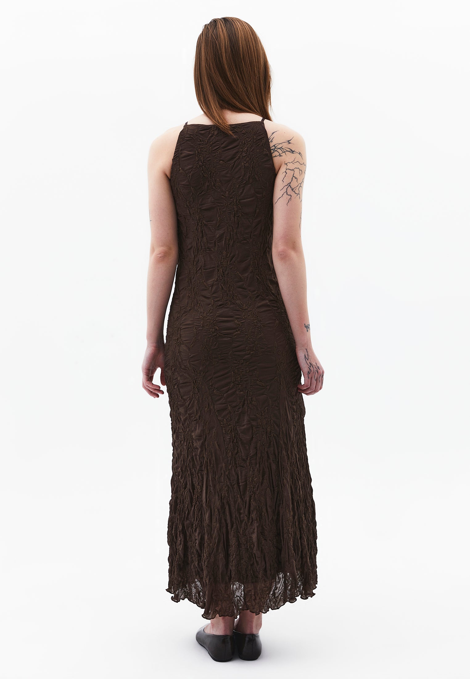 Sleeveless Long Dress With Crew Neck - CHOCOLATE BROWN