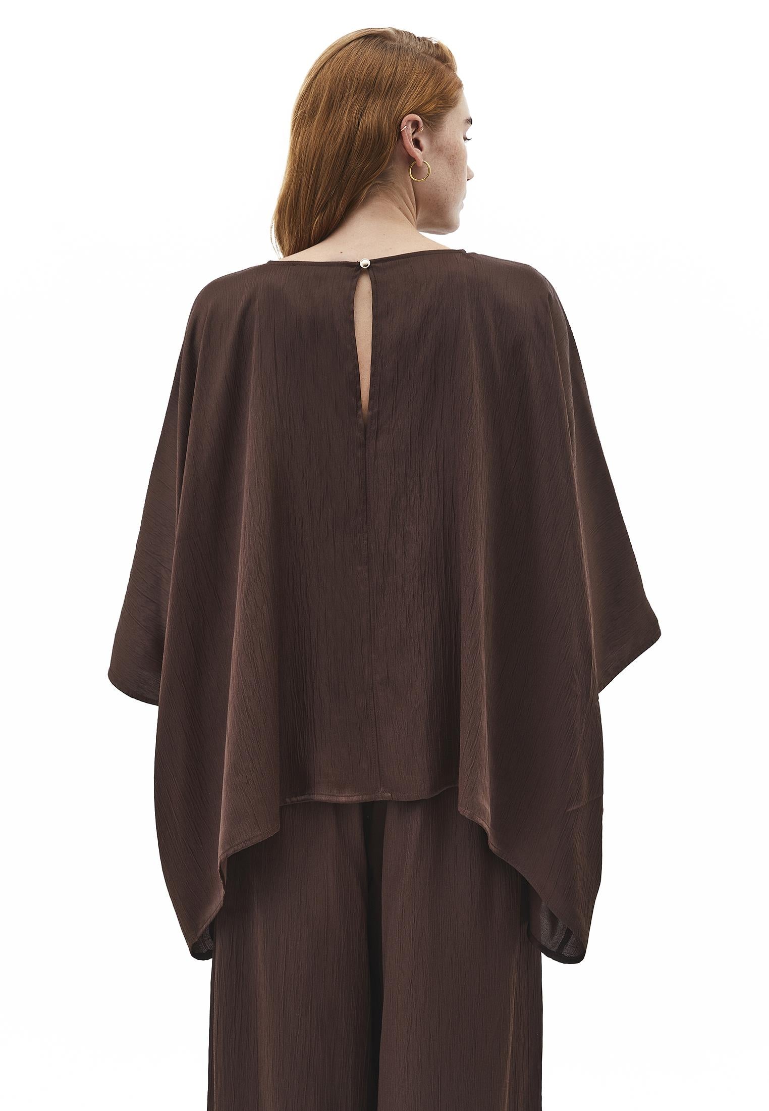 Boat Neck Long Sleeve Batwing And Tied Blouse - CHOCOLATE BROWN