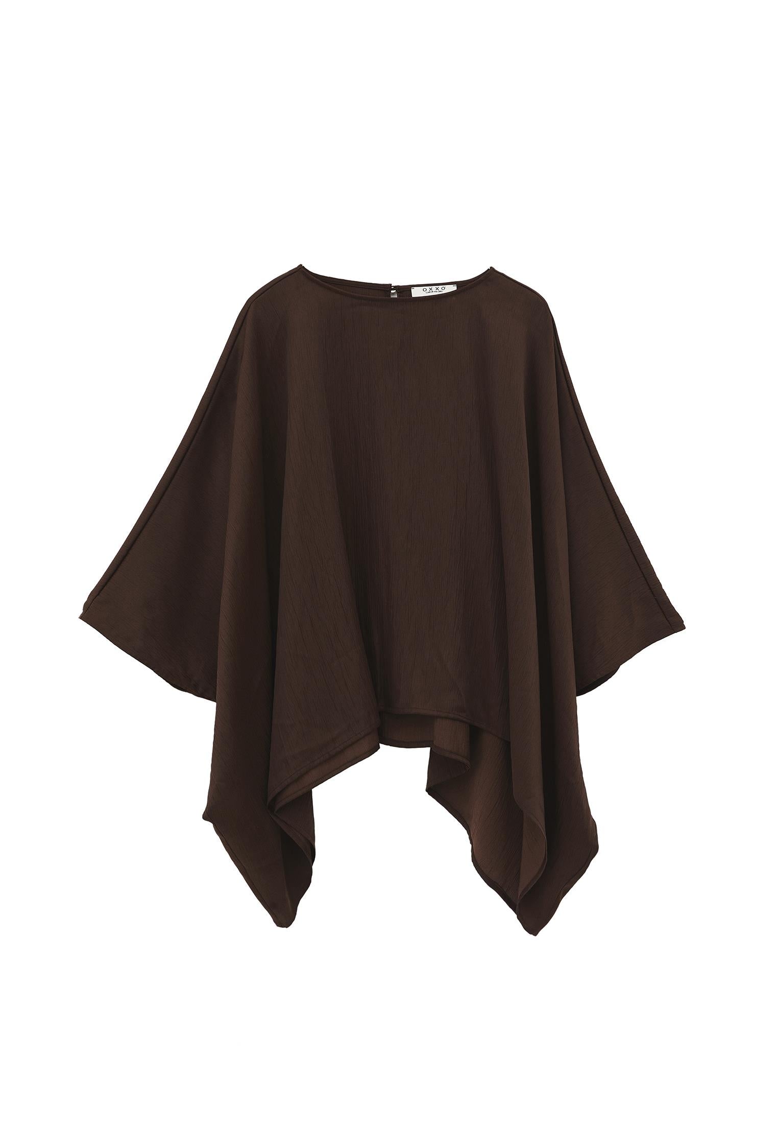 Boat Neck Long Sleeve Batwing And Tied Blouse - CHOCOLATE BROWN
