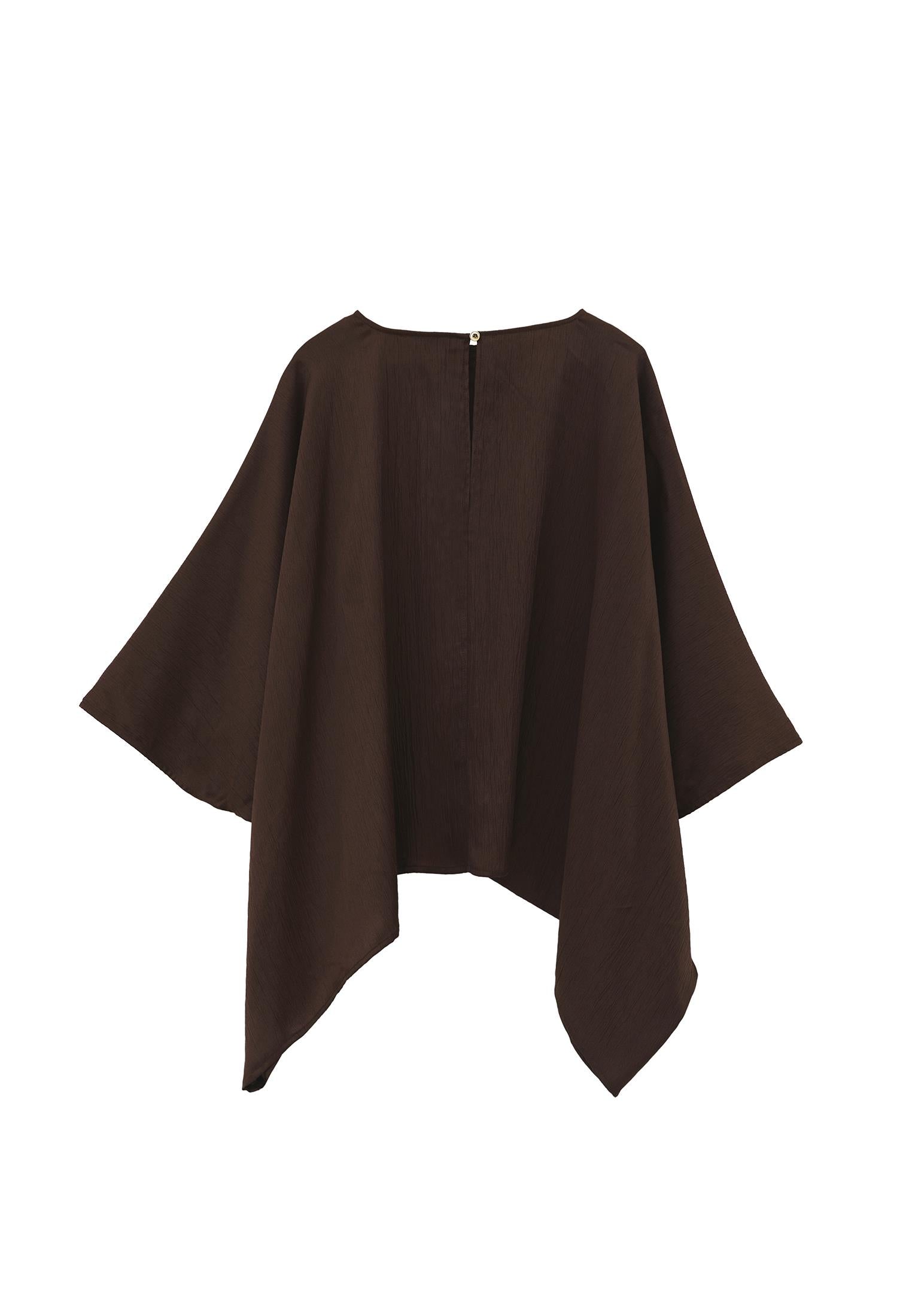 Boat Neck Long Sleeve Batwing And Tied Blouse - CHOCOLATE BROWN
