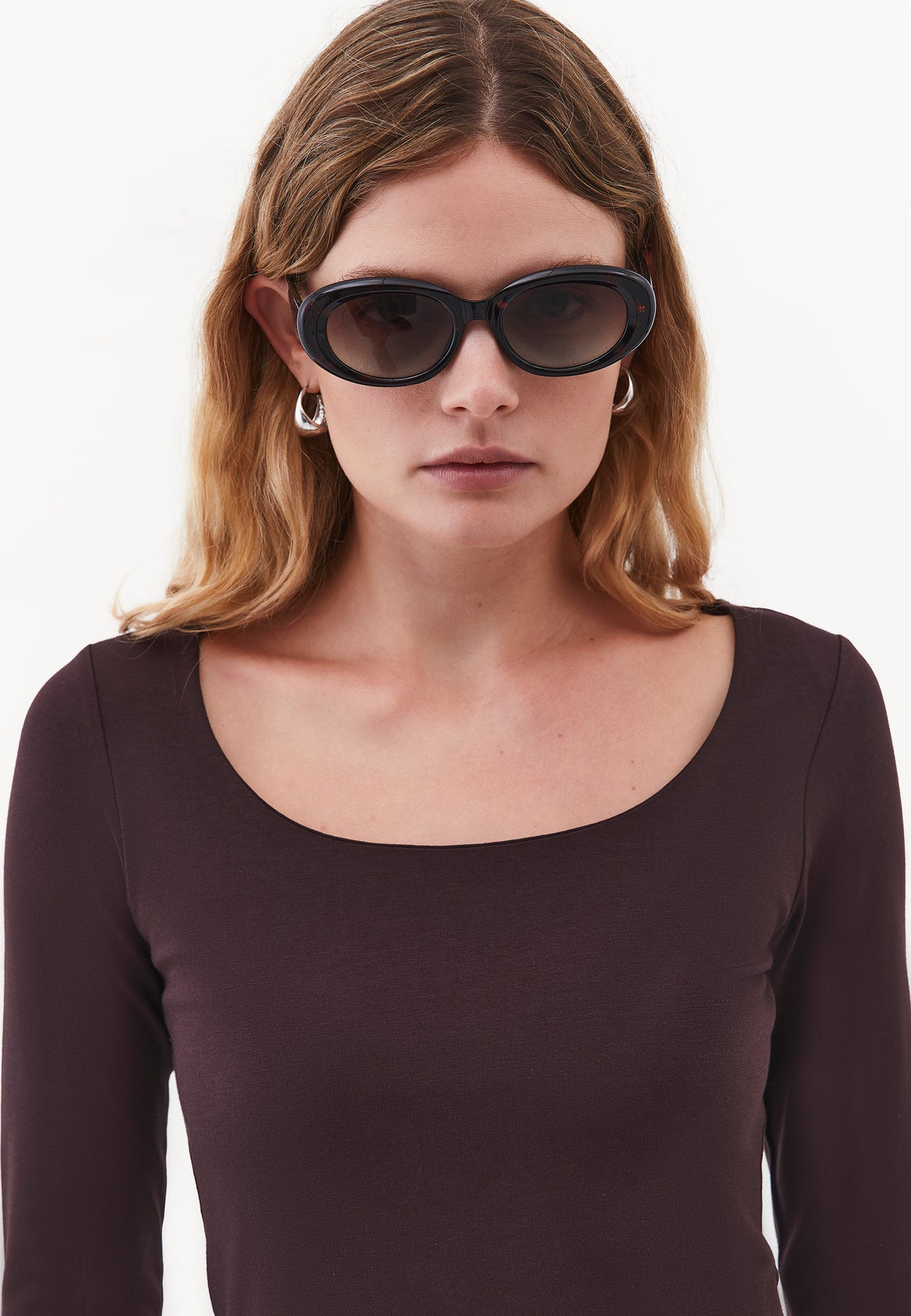 Long Sleeve U Neck Bodycon T-Shirt - Brown