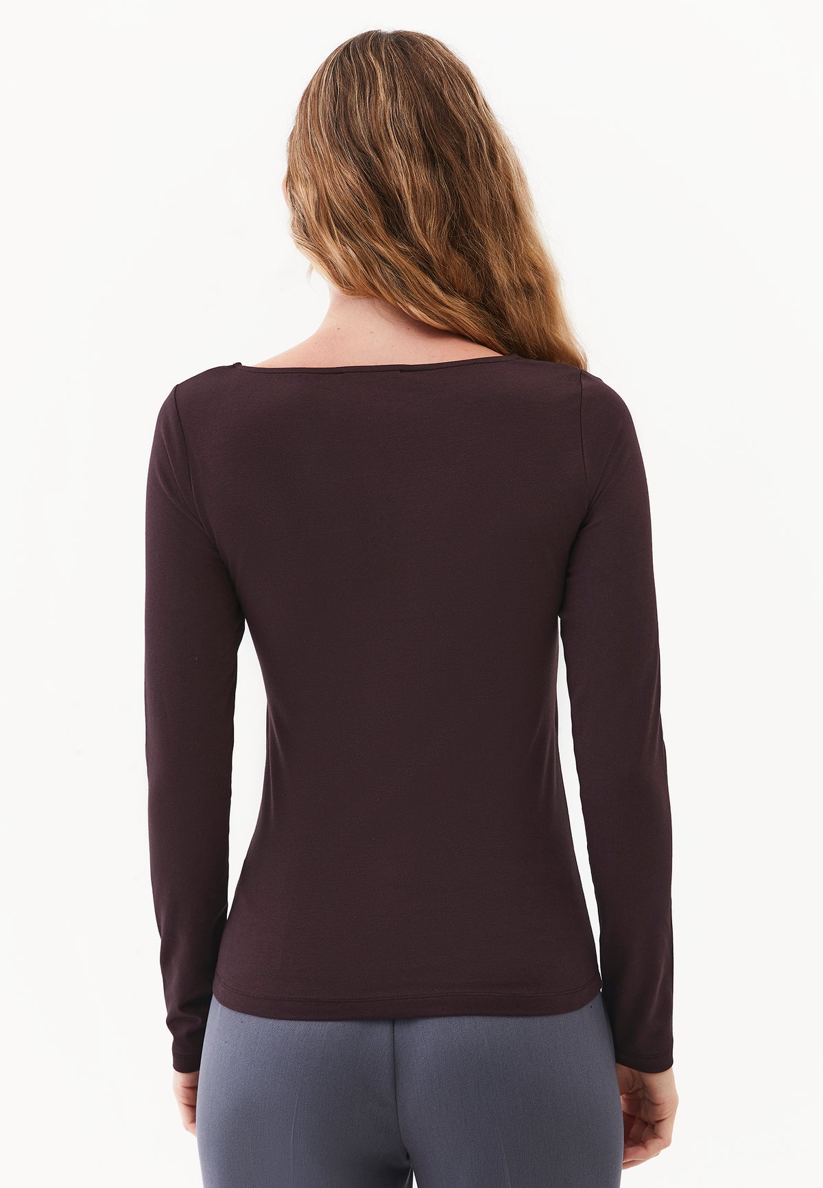 Long Sleeve U Neck Bodycon T-Shirt - Brown