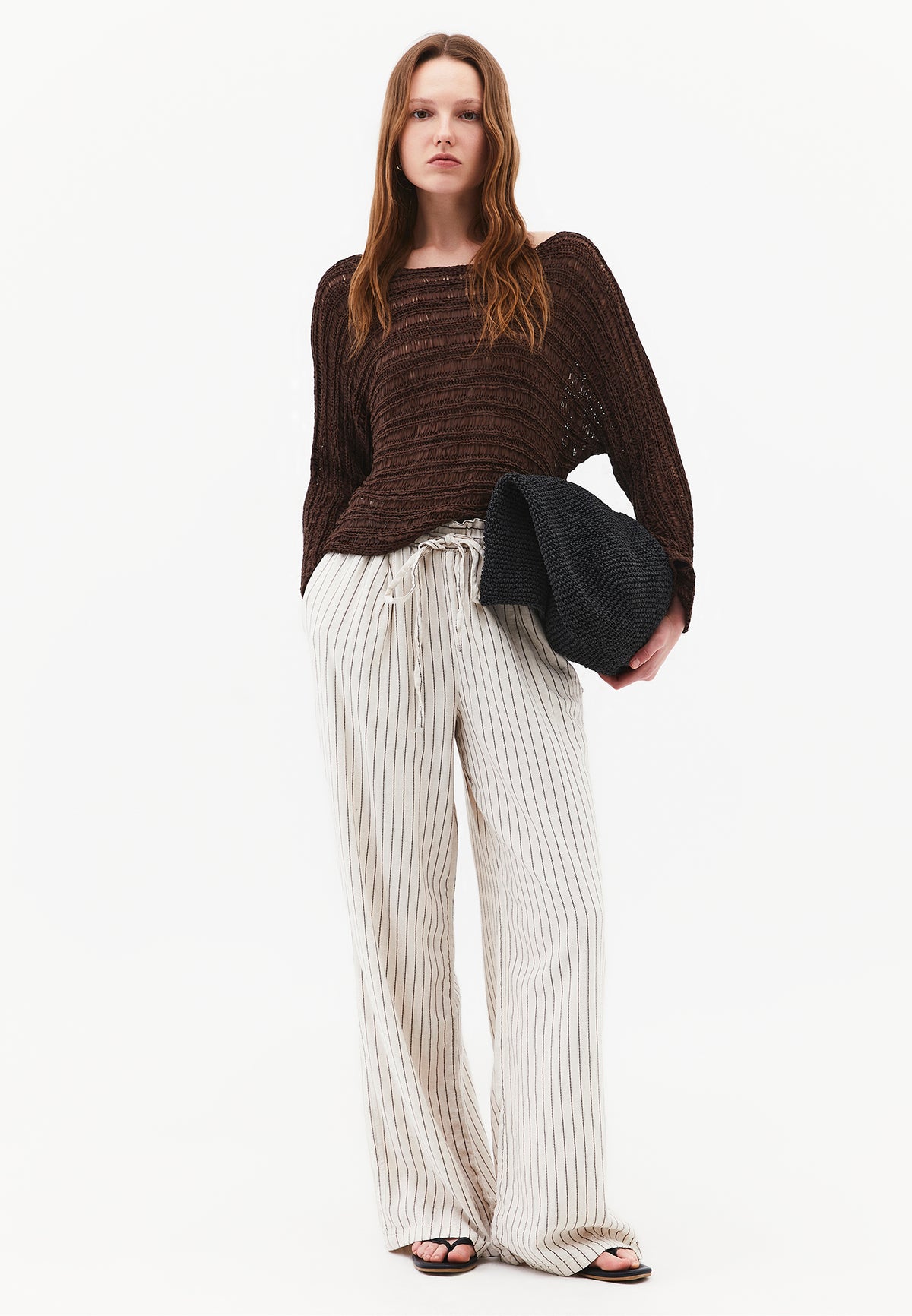 High Waist Wide Leg Pleated Pants - CHOCOLATE STRIPE