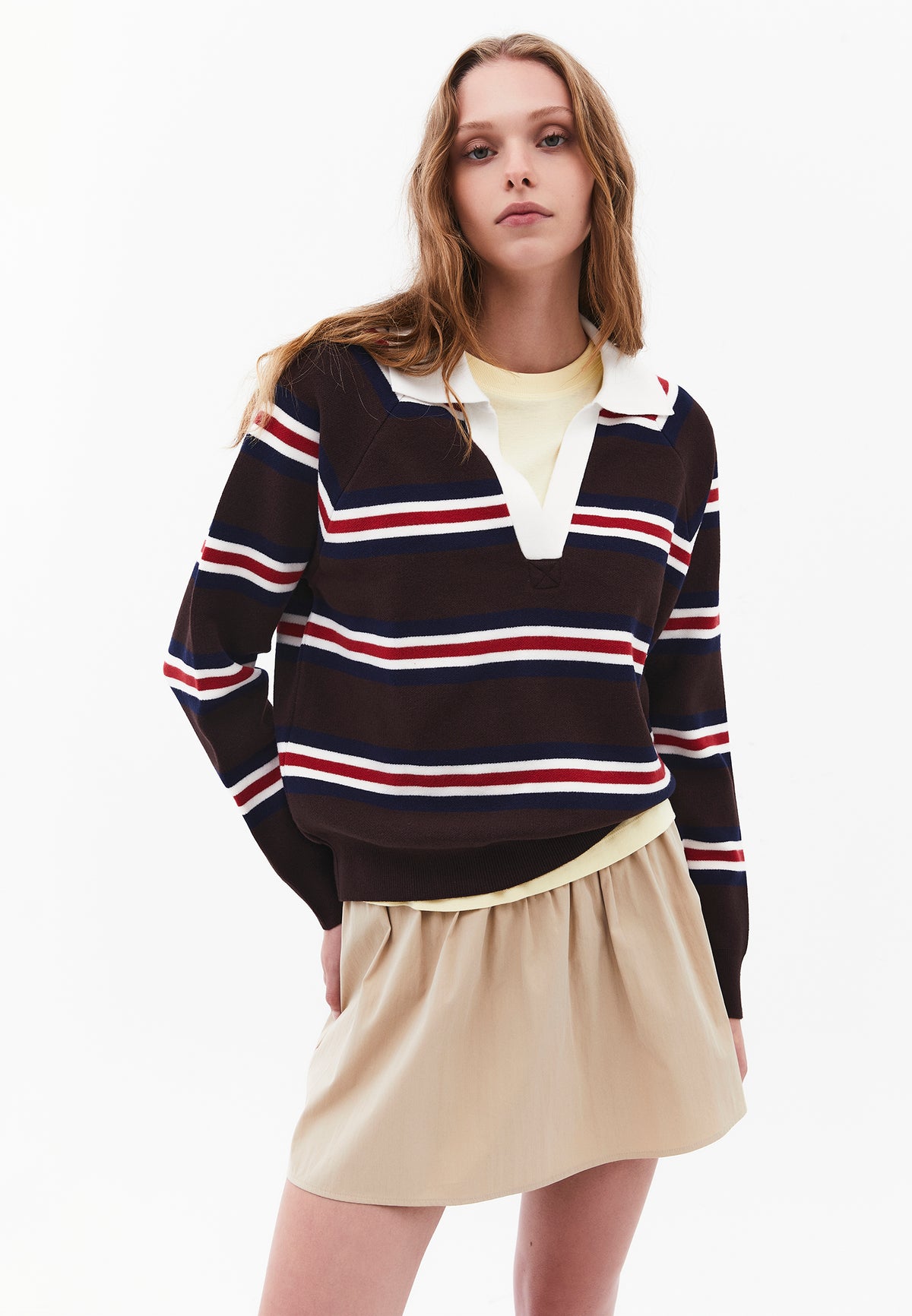 Striped Sweater with Polo Collar - Mix Color