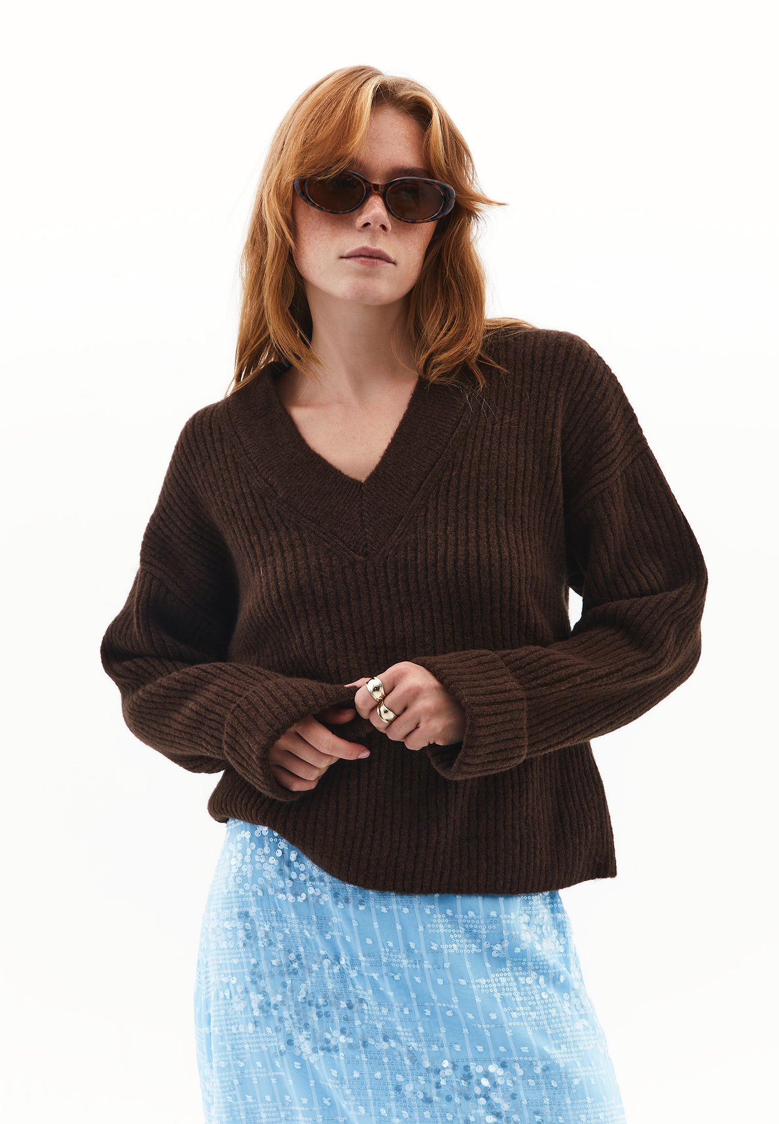 V Neck Knit Sweater - CHOCOLATE TORTE