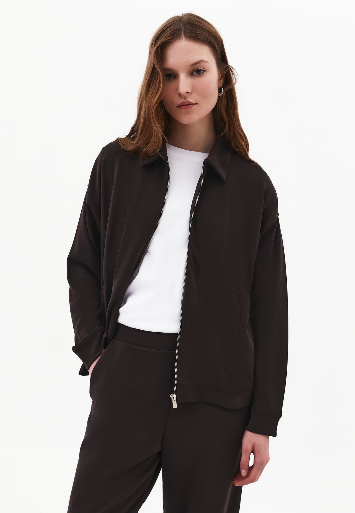 Zip Detail Polo Collar Sweatshirt - CHOCOLATE TORTE