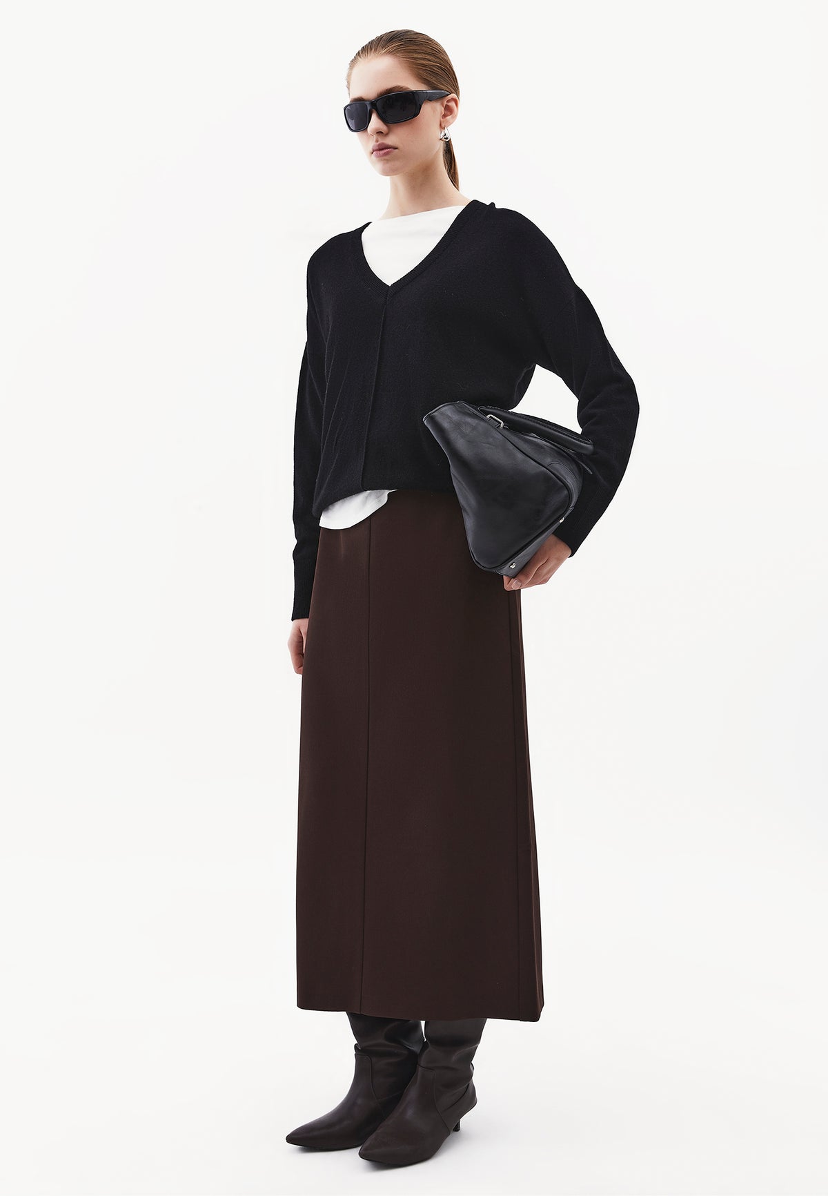 Cut-Out Ultra High Waist Long Skirt - Brown